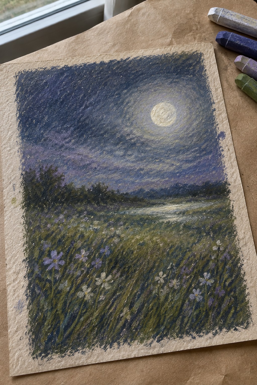Pastel landscape of full moon over wildflower meadow under swirling night sky