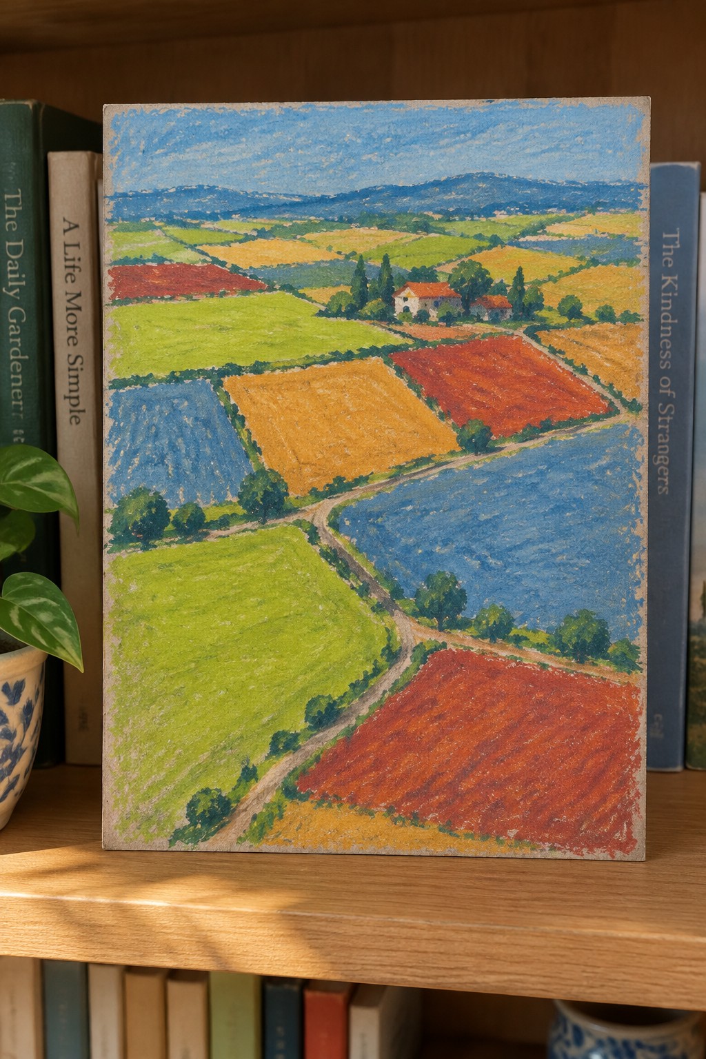 Colorful landscape painting of patchwork fields and farmhouse displayed among books on a shelf