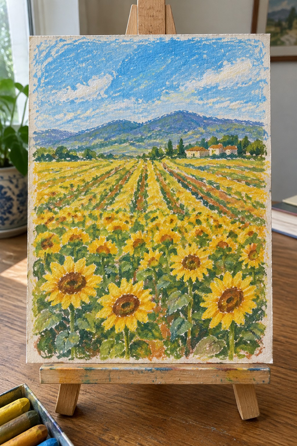 Vibrant sunflower field painting on wooden easel with blue sky and distant mountains