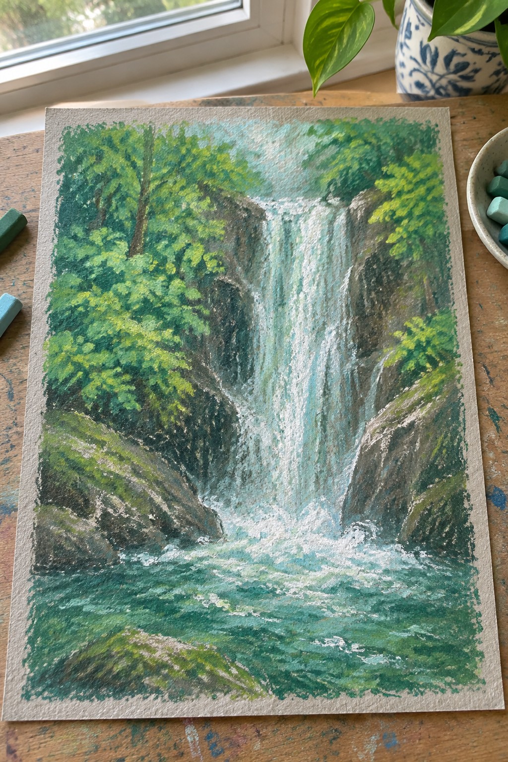 Pastel painting of cascading waterfall amid lush green forest on wooden table with chalks