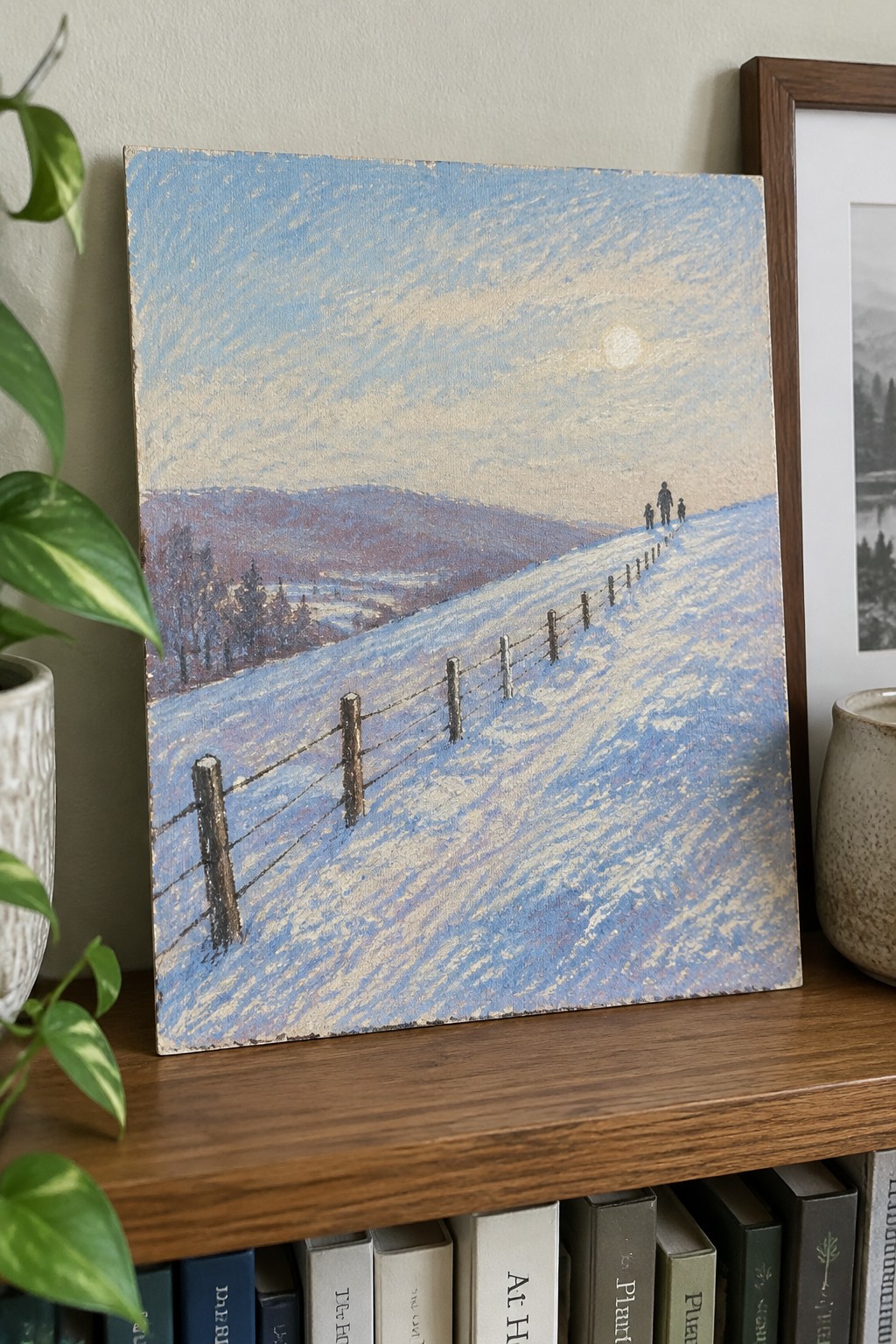 Pastel winter landscape painting with snowy fence, distant figures, and pale sun on shelf