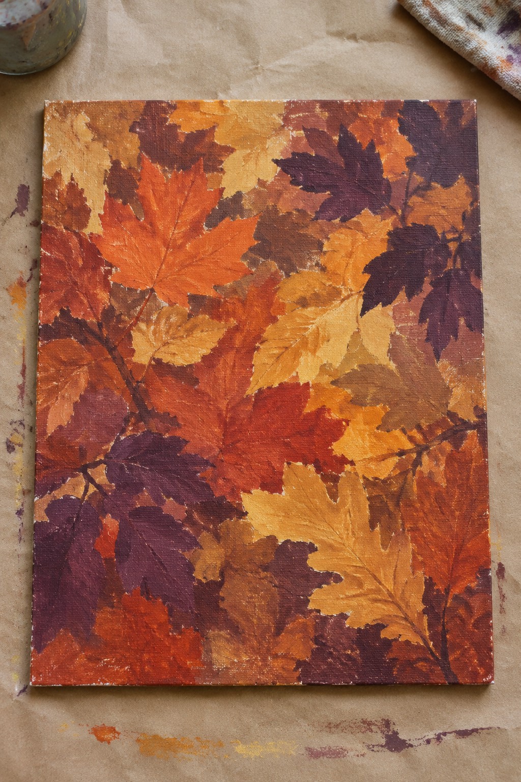 Square canvas filled with overlapping painted autumn maple leaves in orange, red, yellow, and purple tones on brown paper.