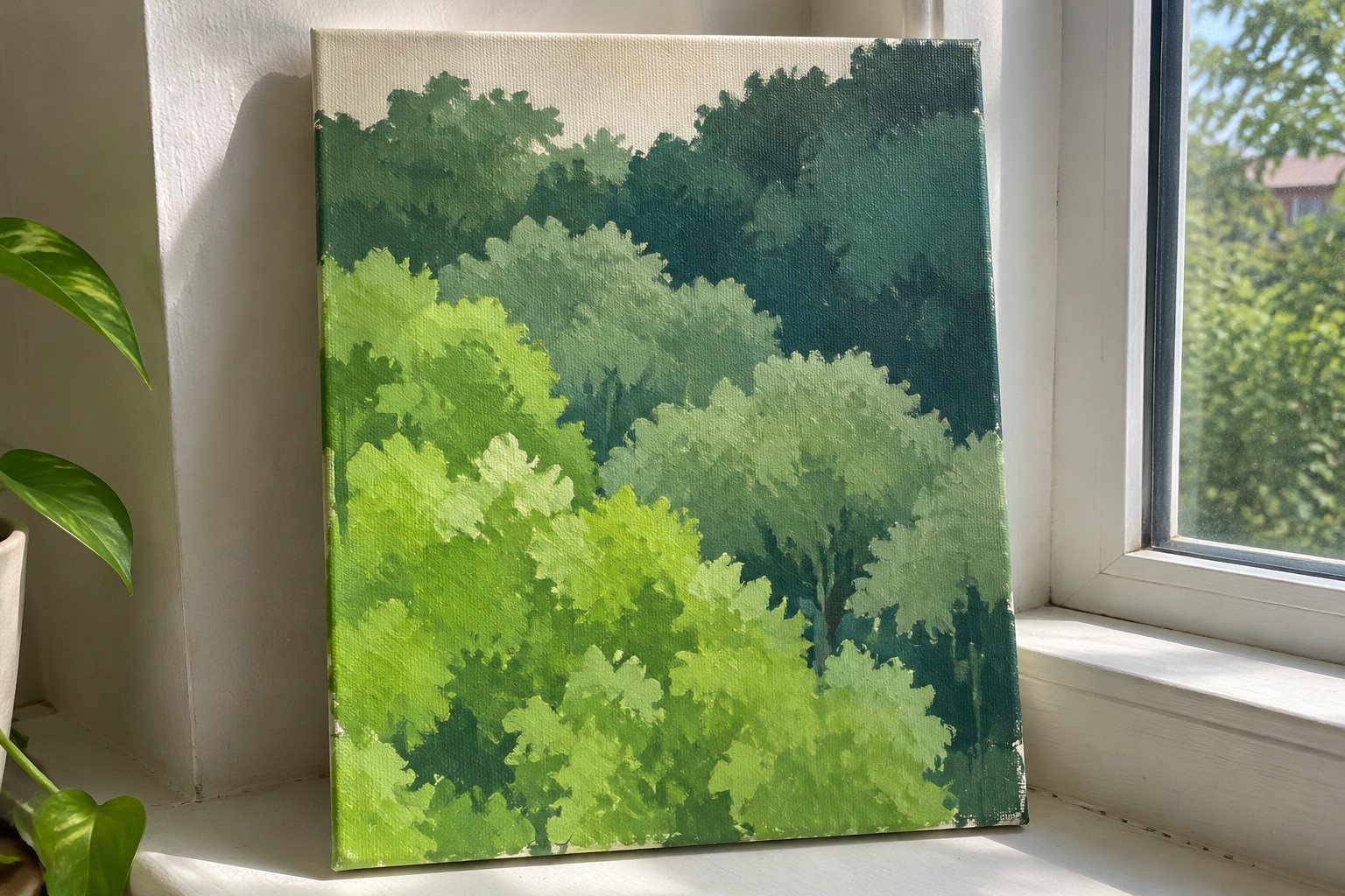 Green forest foliage painting on sunlit windowsill beside potted plant with heart-shaped leaves