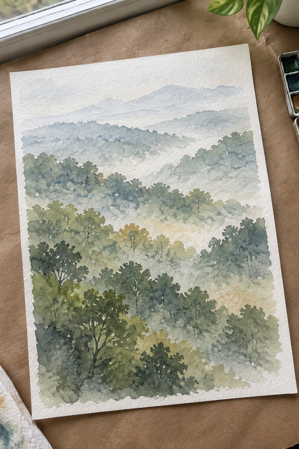 Watercolor painting of misty layered green mountains with trees and paint palette nearby