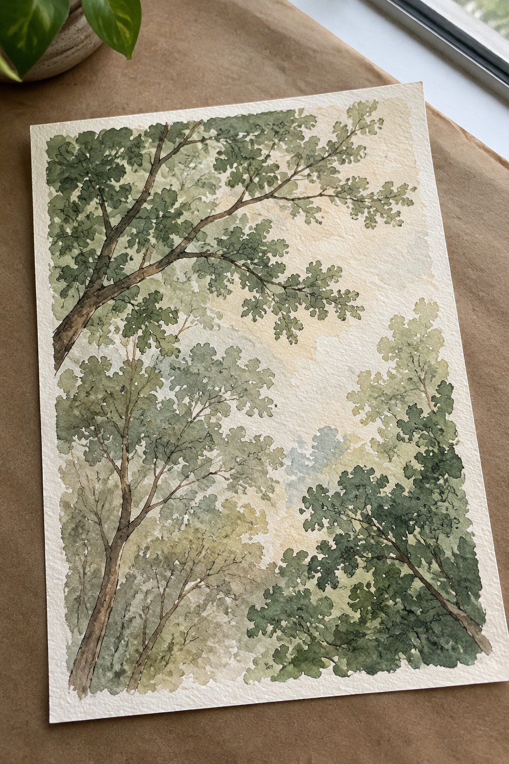 Watercolor painting of lush green trees with brown branches on white paper