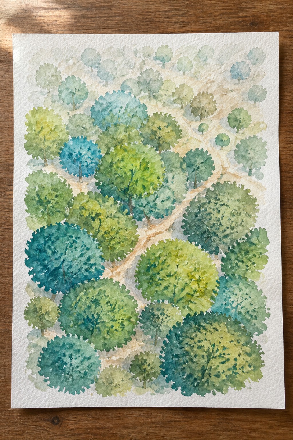 A watercolor painting of dense overlapping tree canopies in greens and blues with a winding light path on textured paper.