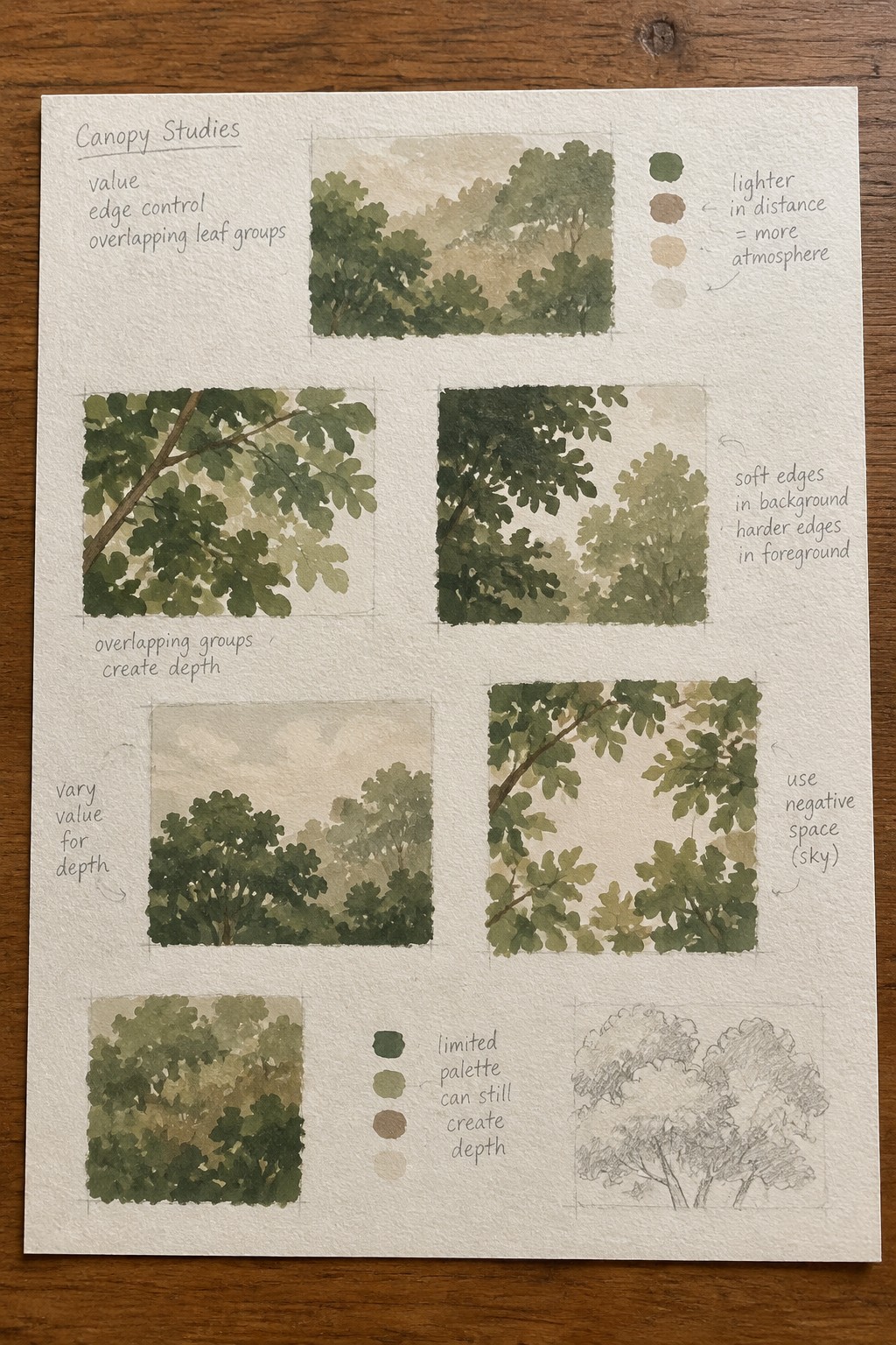 Watercolor canopy studies page with tree foliage, color swatches, and technique notes.