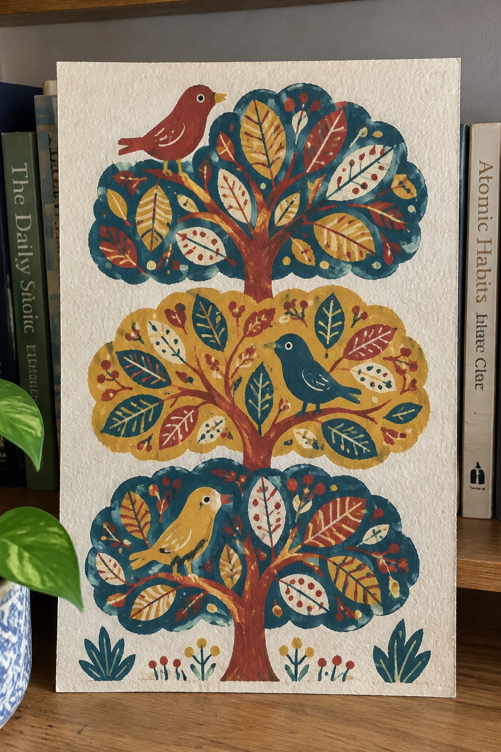 Three stacked folk-art trees with red, blue, and yellow birds on vibrant leaves.