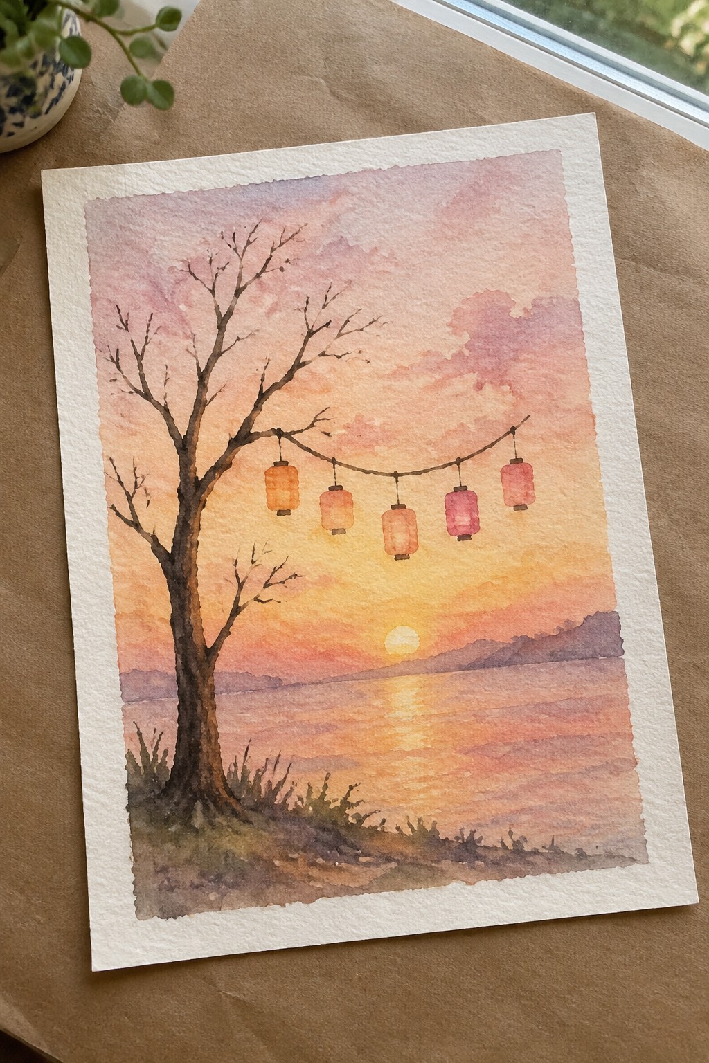 Watercolor of bare tree with string of lanterns at sunset over reflective water.