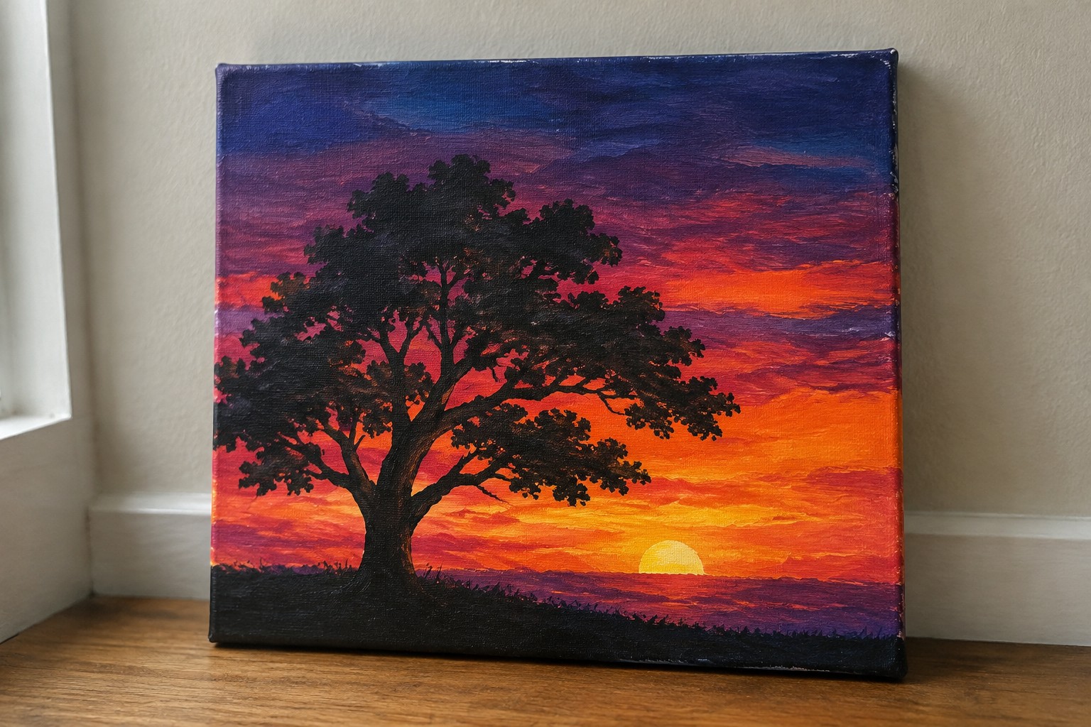 Silhouetted tree against vibrant red-orange sunset sky with yellow sun on canvas