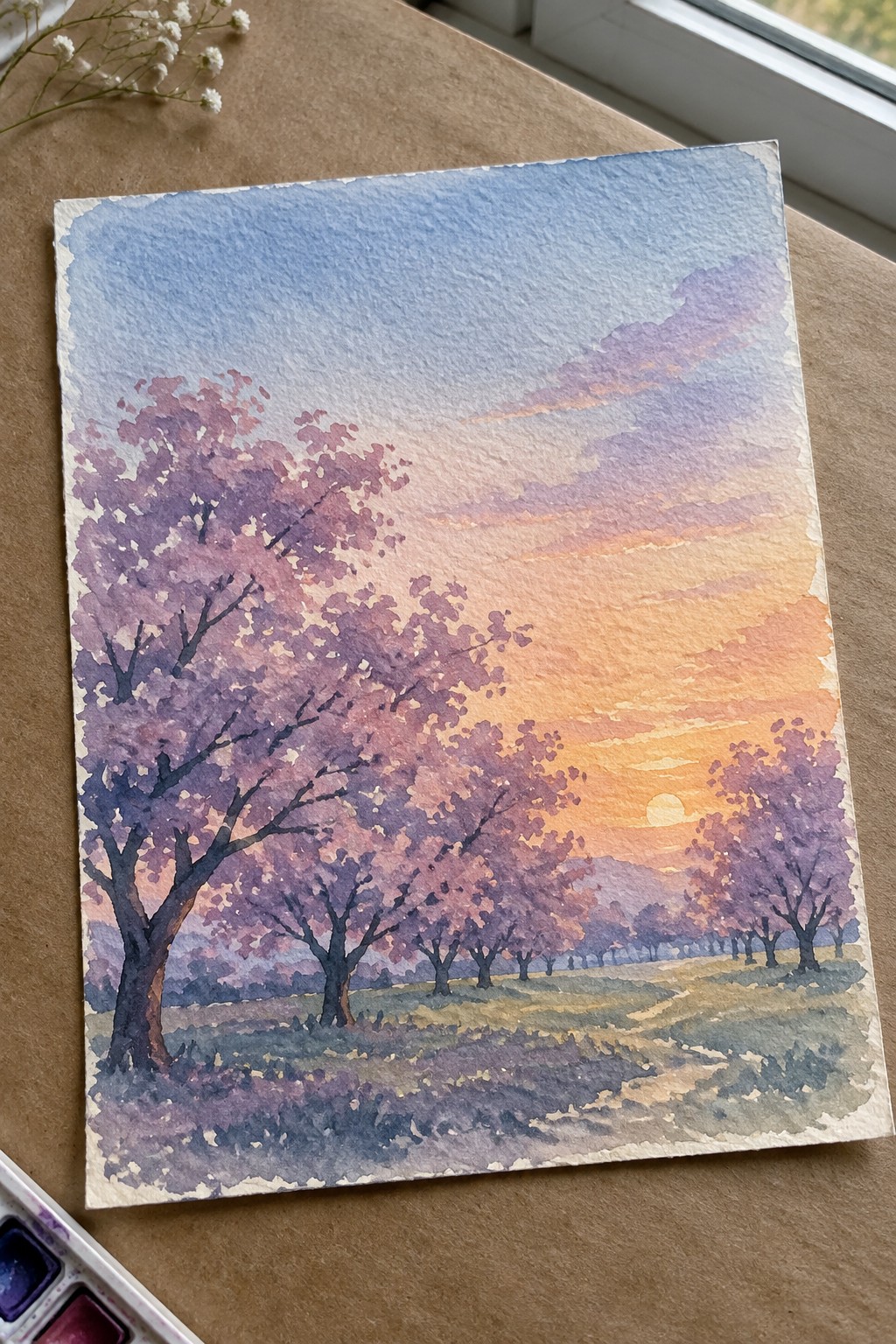 Watercolor landscape of blooming purple trees under vibrant orange-pink sunset sky