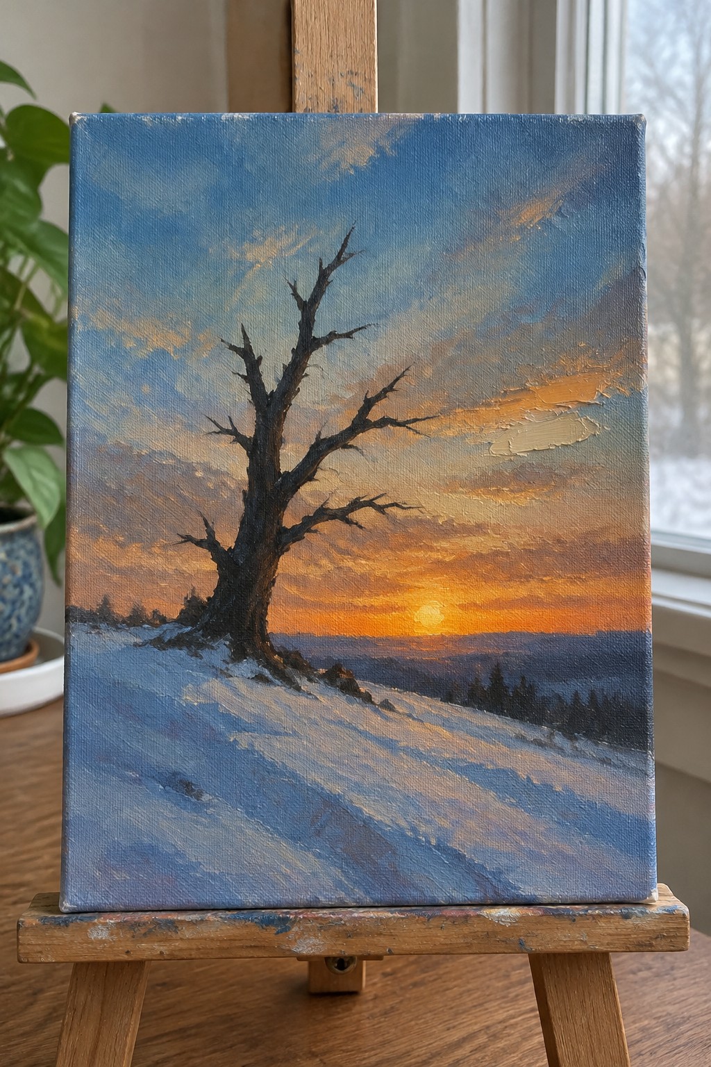 A painting of a dark bare tree on snowy hills with an orange sunset sky and blue clouds above.