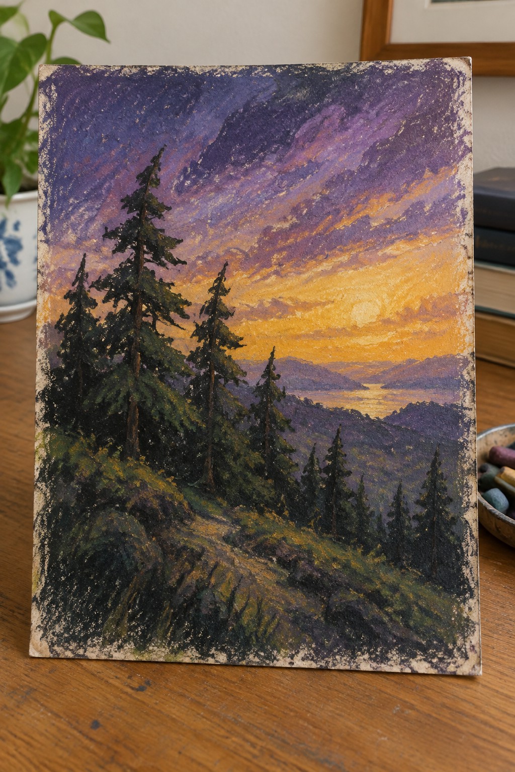 Pastel painting of vibrant sunset over pine trees, mountains, and shimmering water.