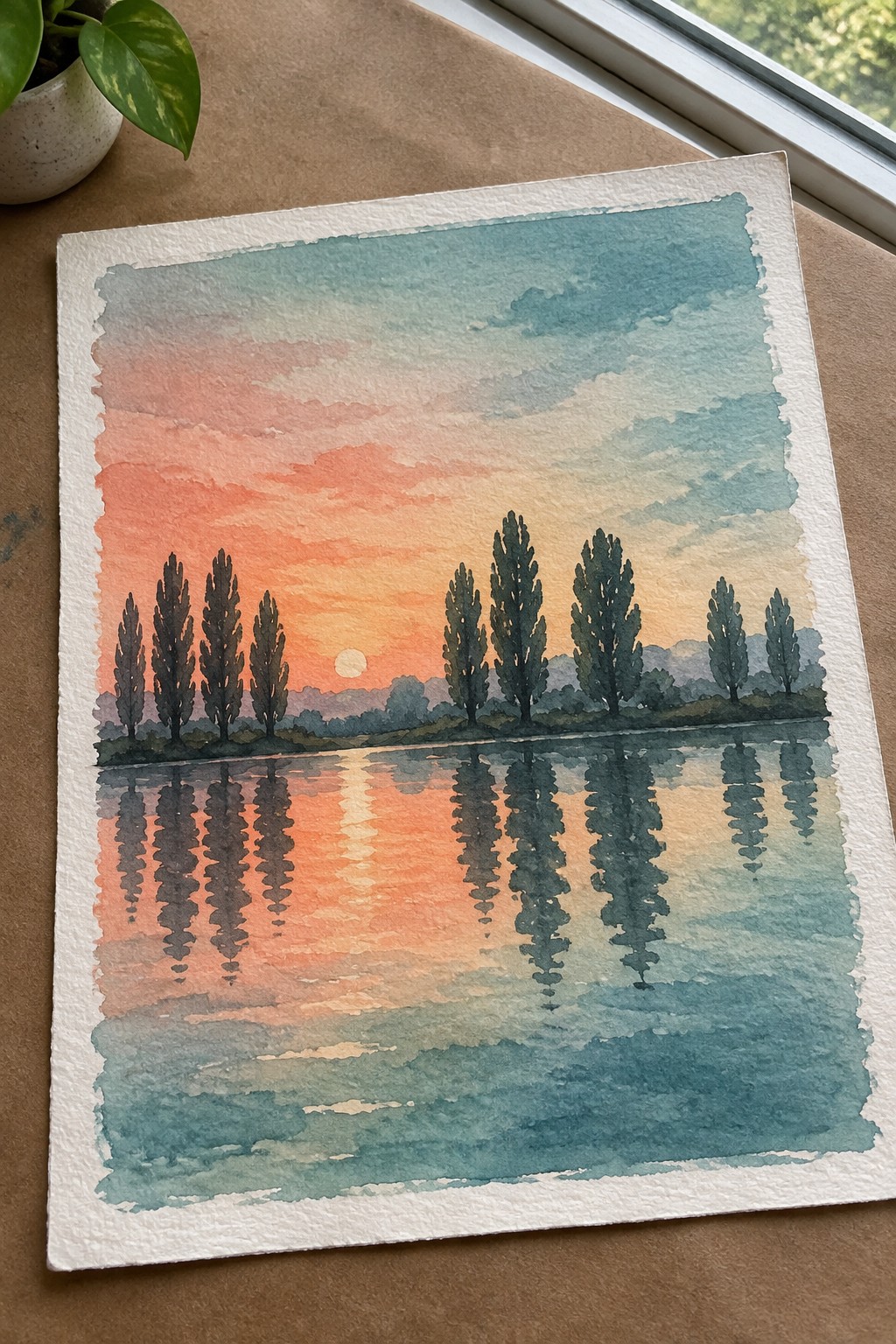 Watercolor painting of sunset with orange sky and silhouetted trees reflected in water