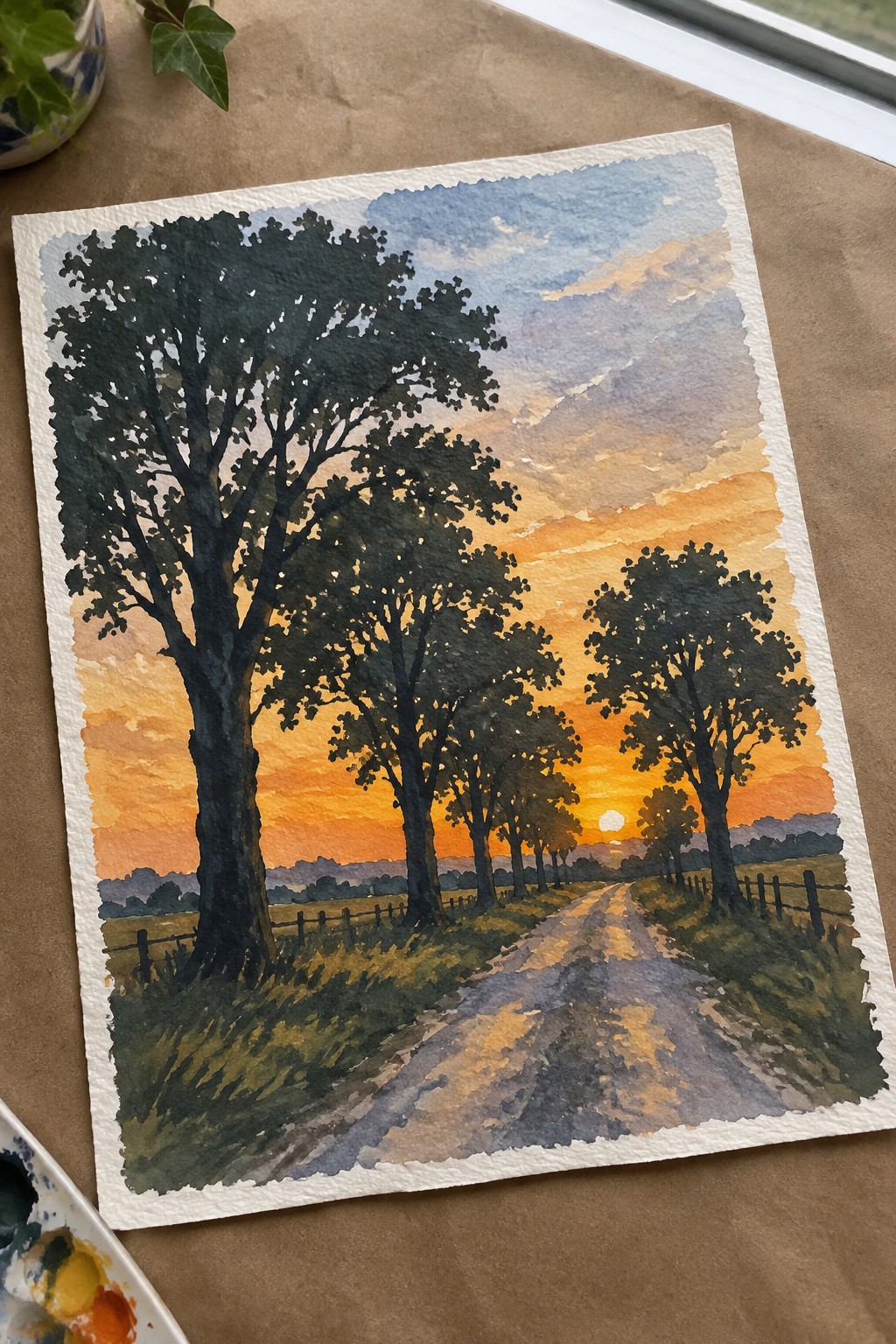 Watercolor sunset landscape with dirt road, silhouetted trees, fence, and orange sky.
