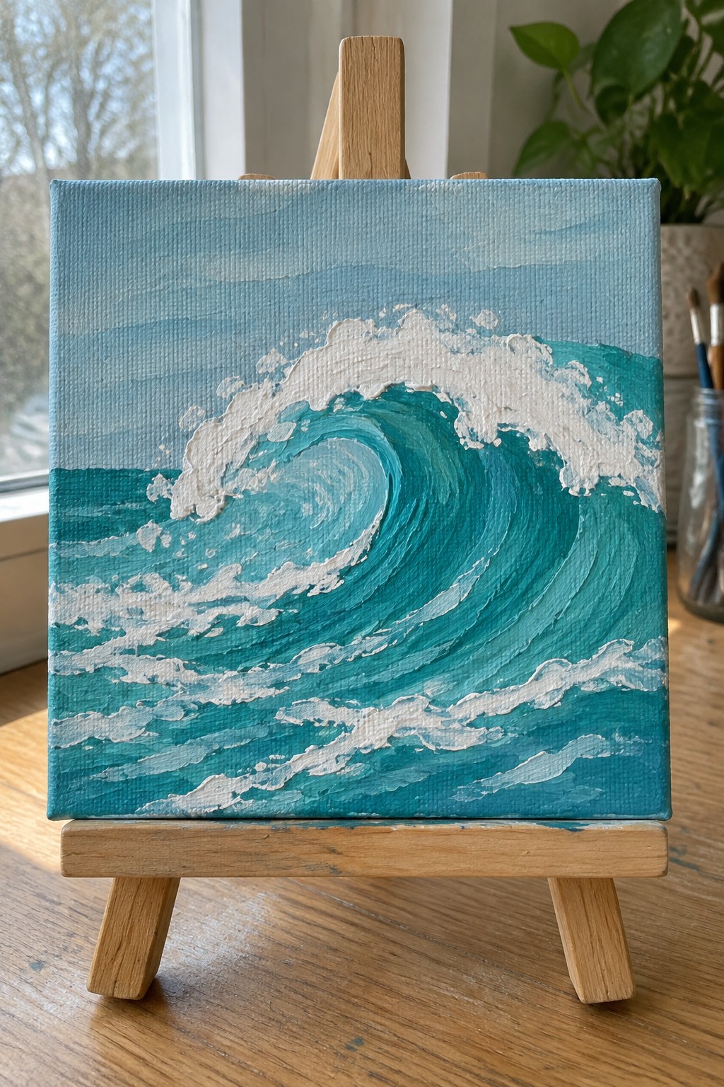 Teal ocean wave with white foam on small canvas atop wooden easel.