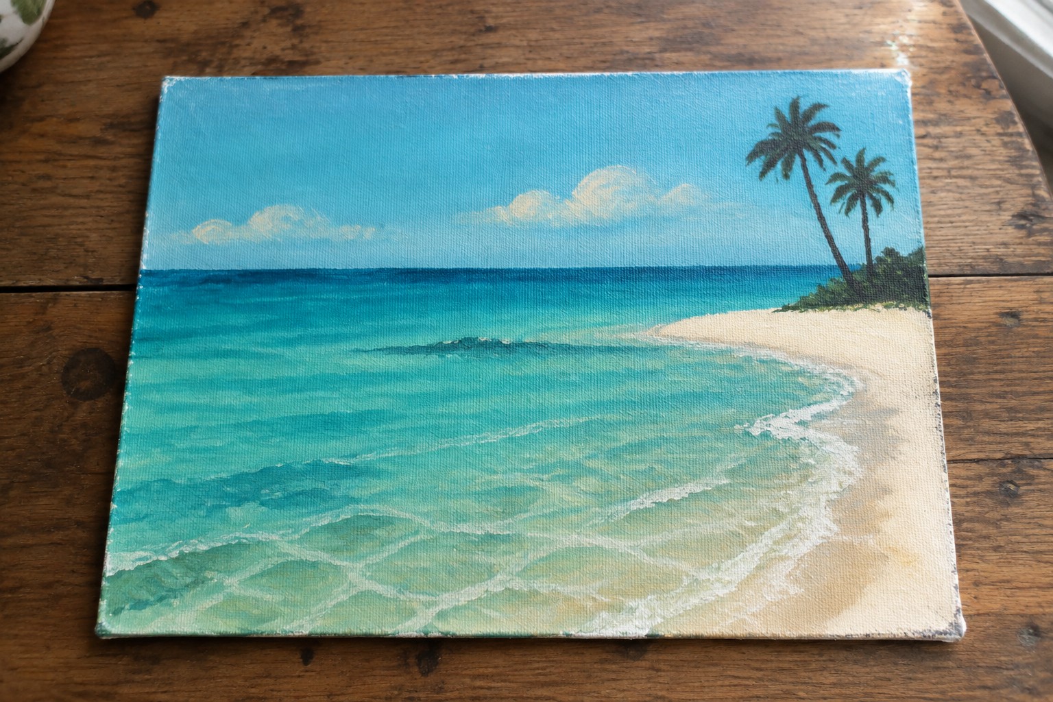 Vibrant painting of turquoise ocean waves on white sand beach with two palm trees.