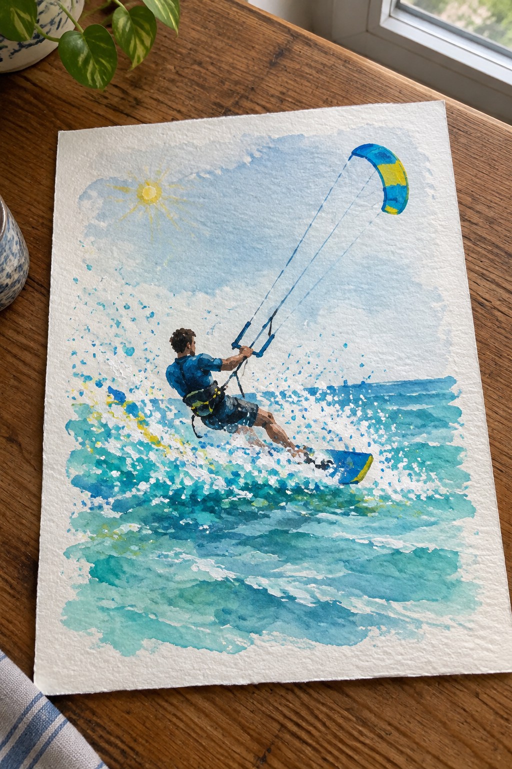 Watercolor of man in blue shirt kitesurfing on turquoise waves with blue-yellow kite