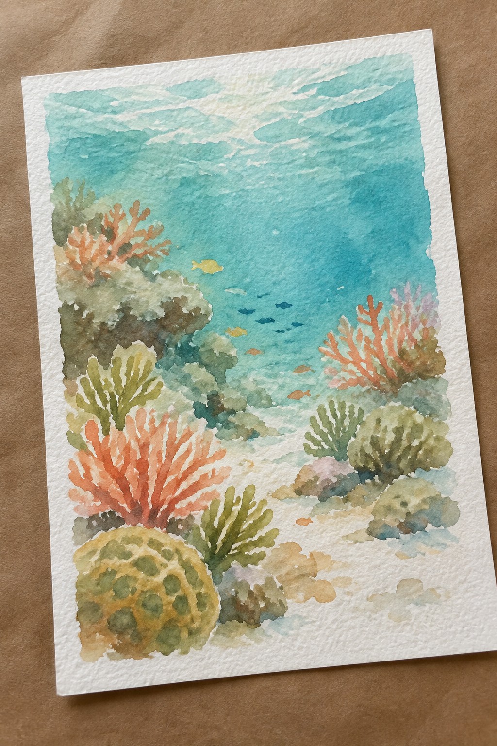 Vibrant watercolor coral reef with orange corals, green plants, and swimming fish
