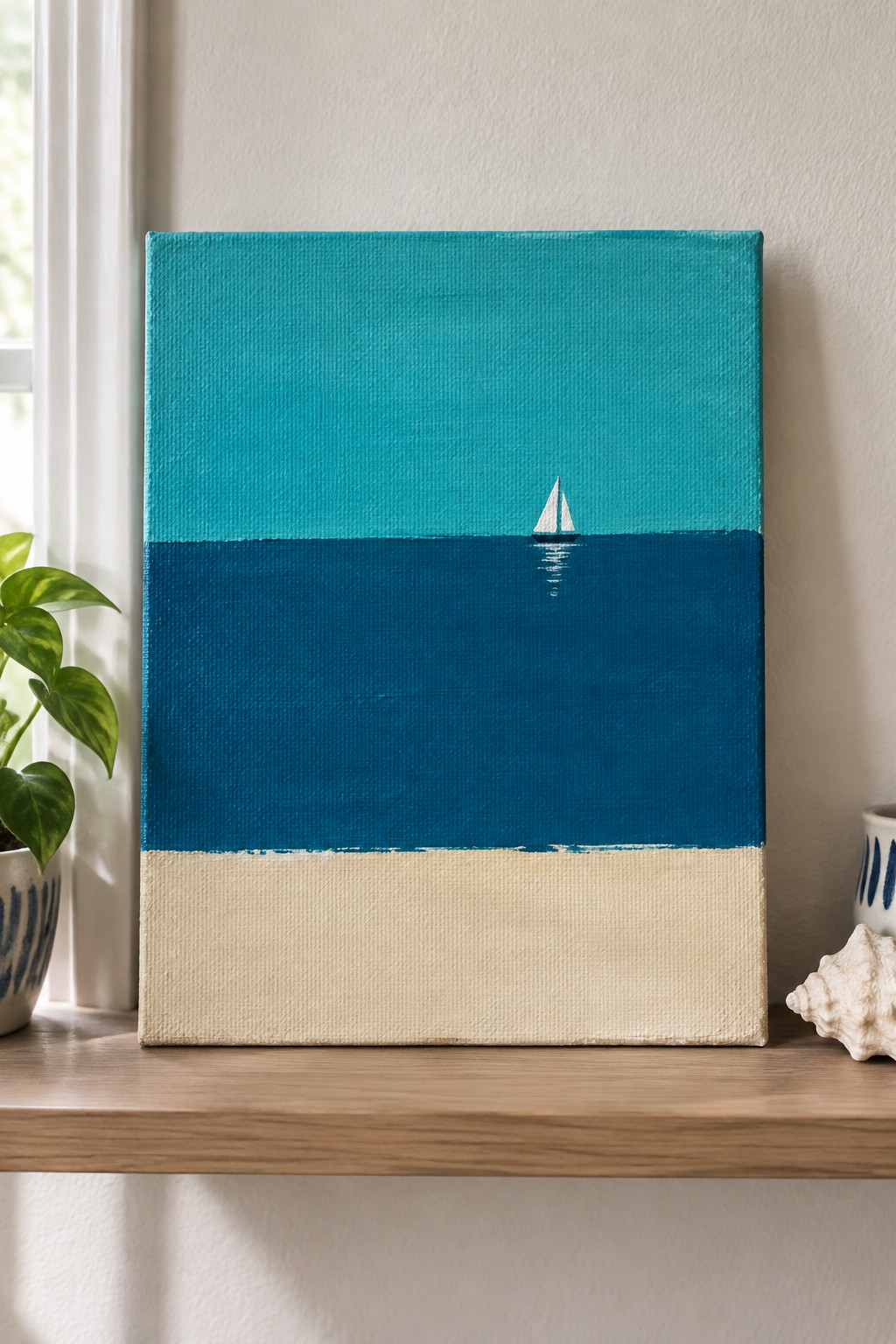 Minimalist seascape painting of sailboat on blue water atop wooden shelf with plant and shell