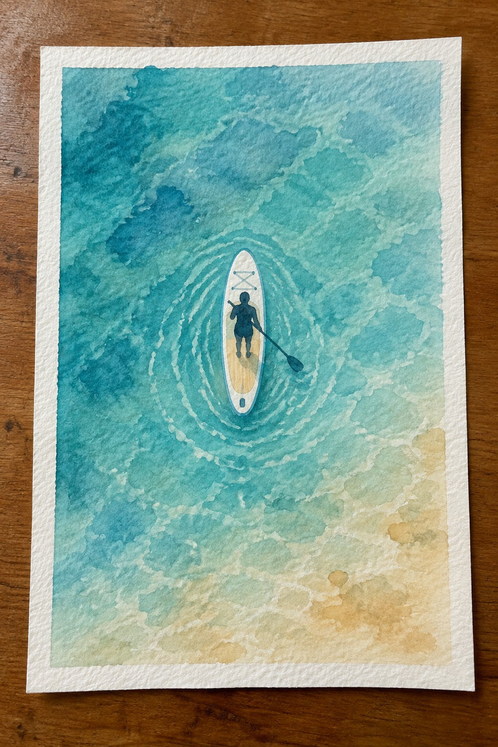 Watercolor of silhouetted paddleboarder on white board in swirling turquoise water near sand
