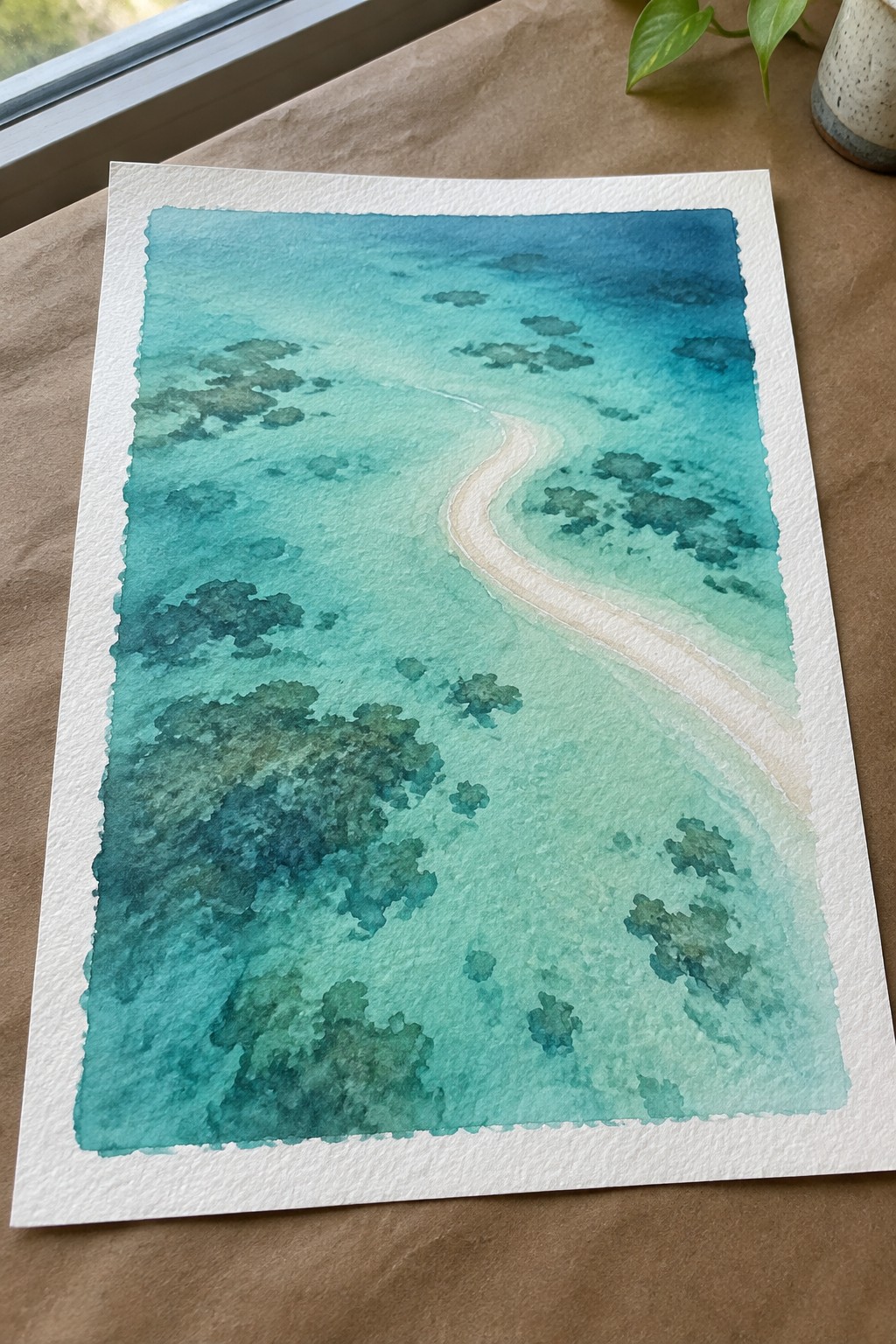 Watercolor seascape of curving white sand path through turquoise waters with coral reefs