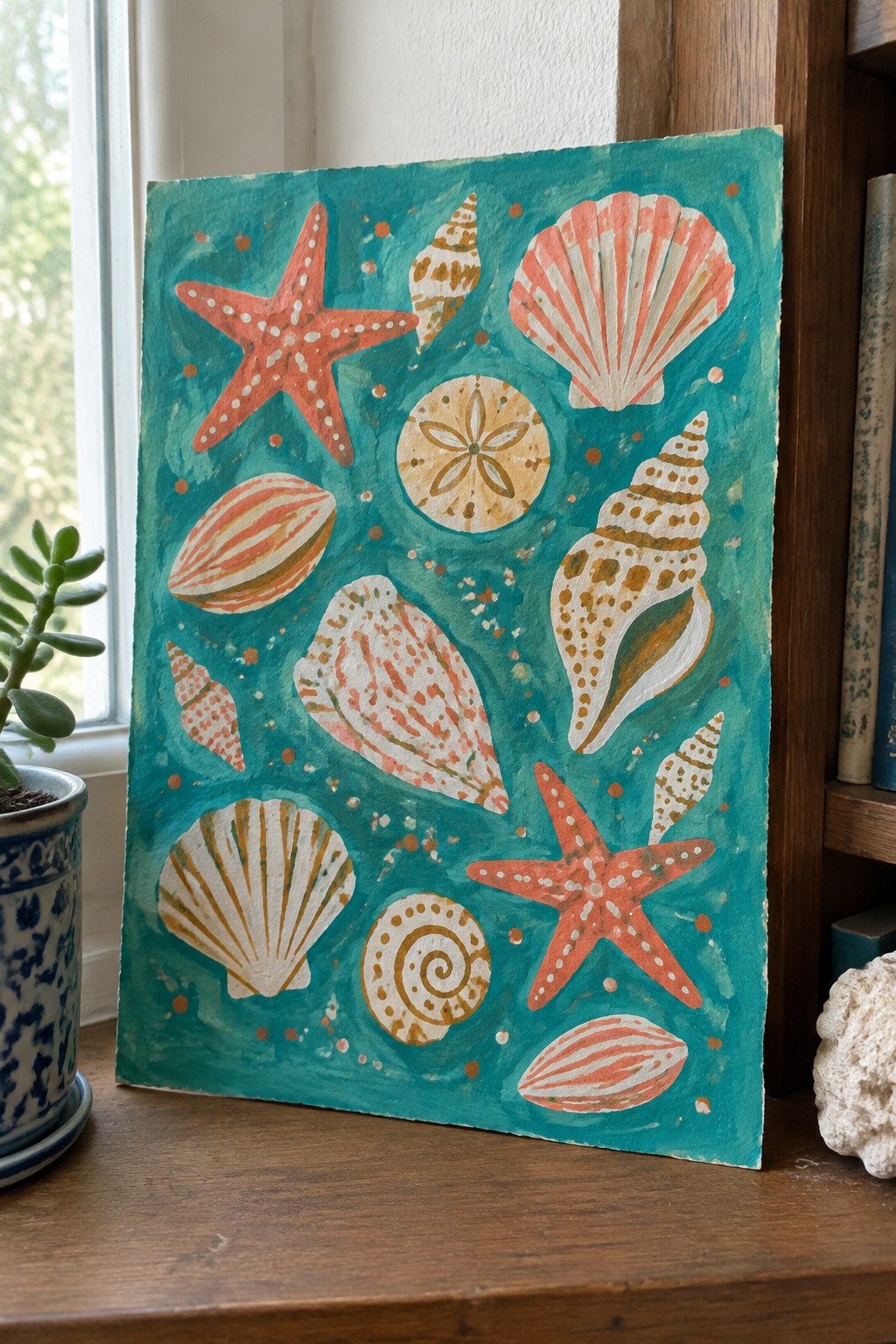 Vibrant watercolor painting of starfish and seashells on teal background with dots
