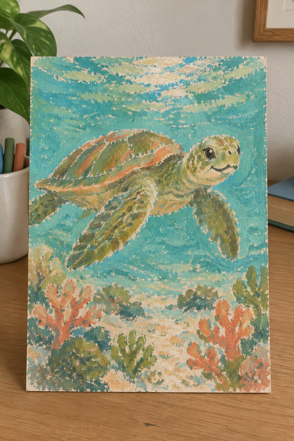A watercolor painting of a sea turtle swimming in turquoise water with coral and sand visible below.