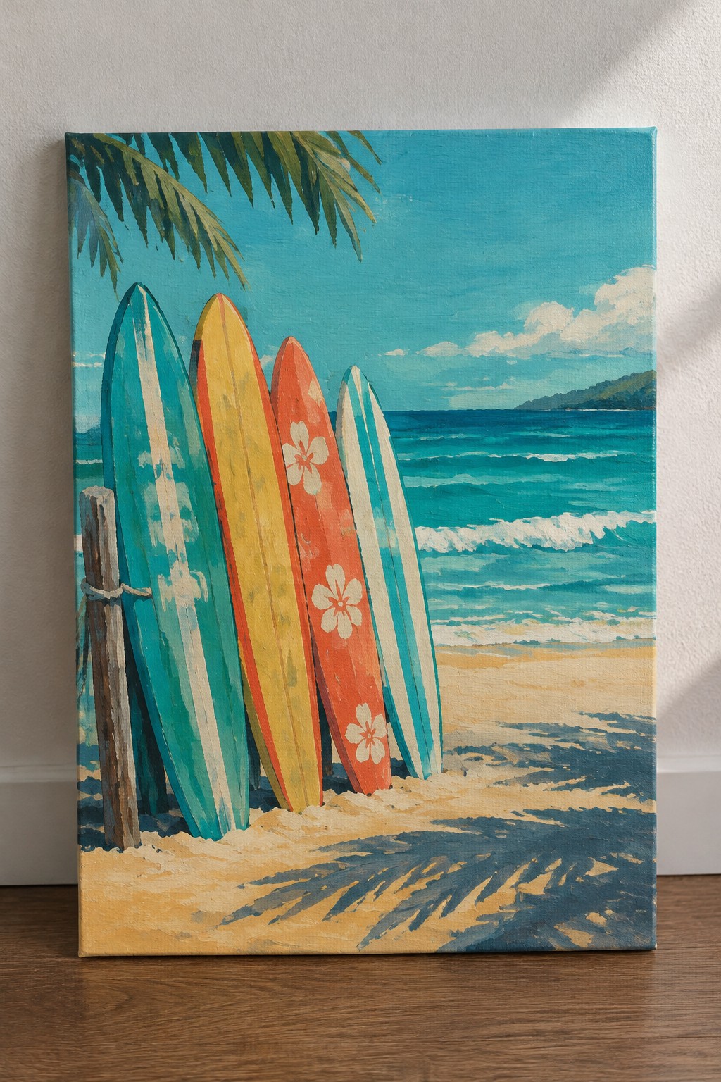 Four colorful surfboards leaning on post in sand by turquoise ocean waves