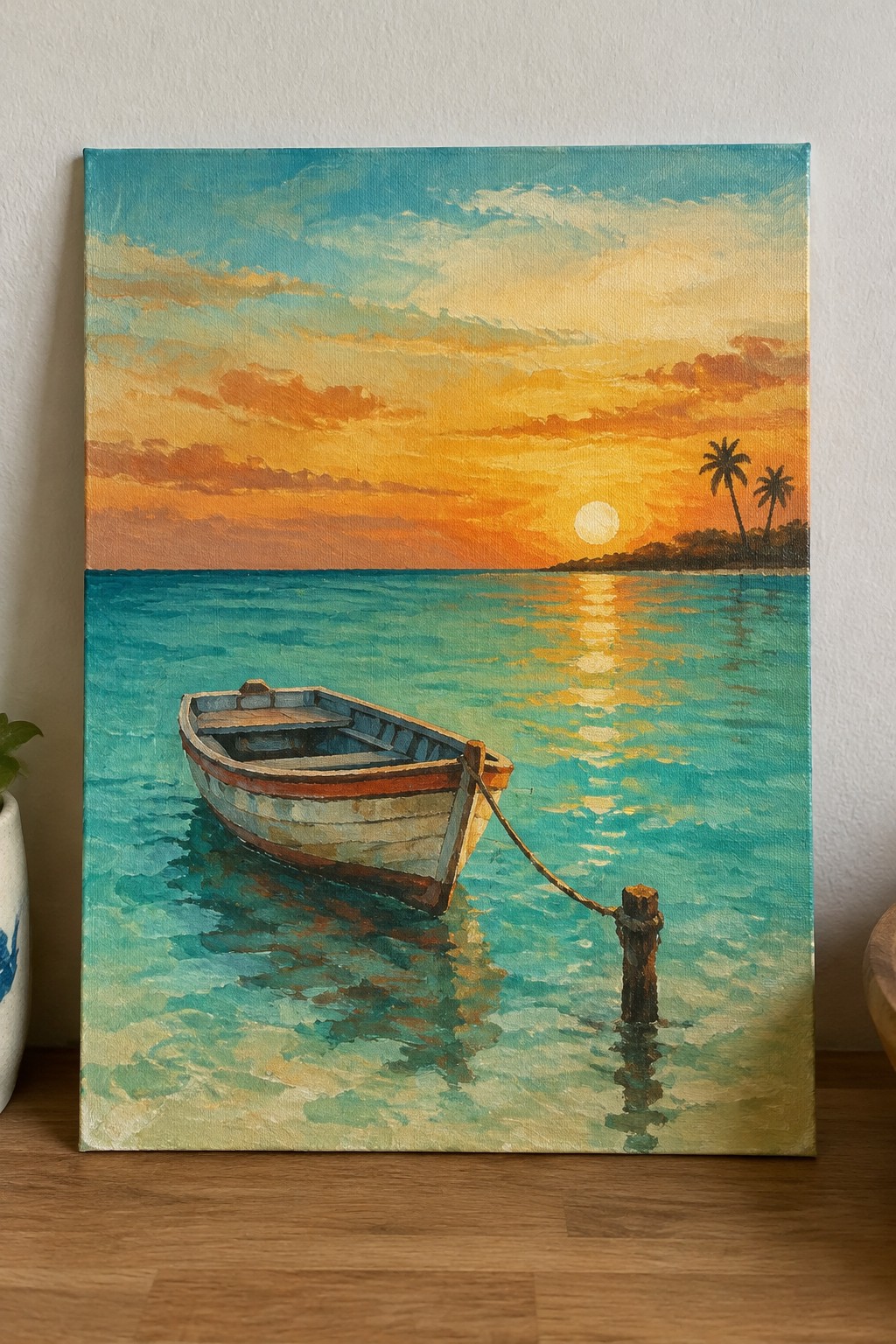 Painting of small boat tied to post in turquoise water at sunset with palm trees