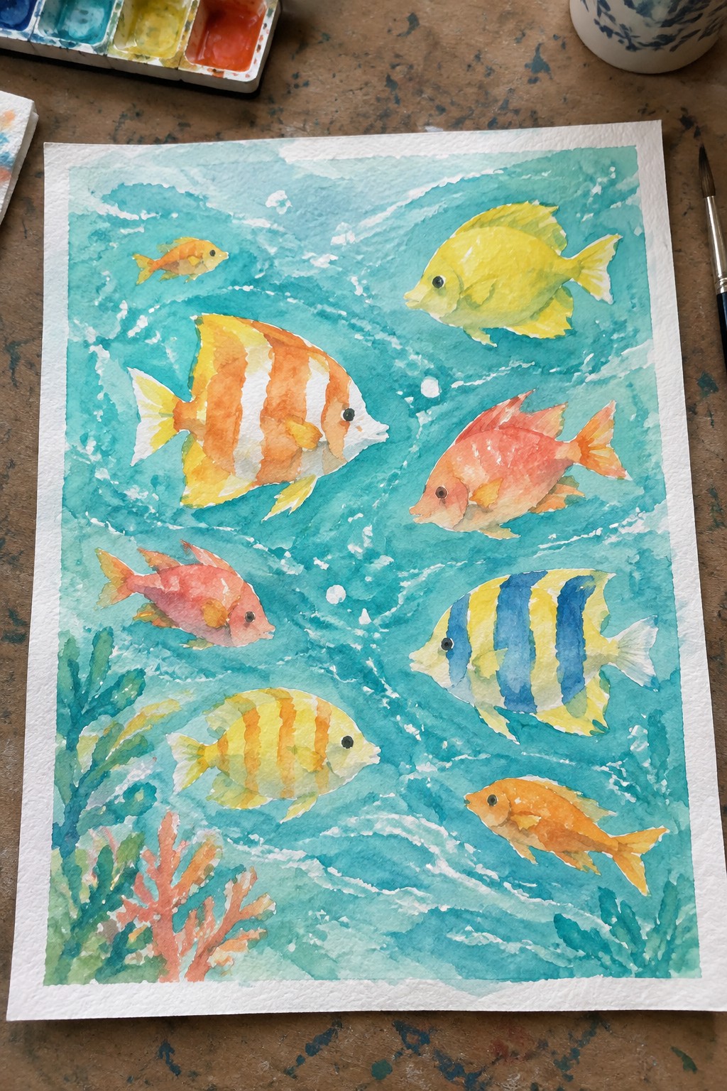 Watercolor painting of colorful tropical fish swimming in turquoise ocean waves with coral