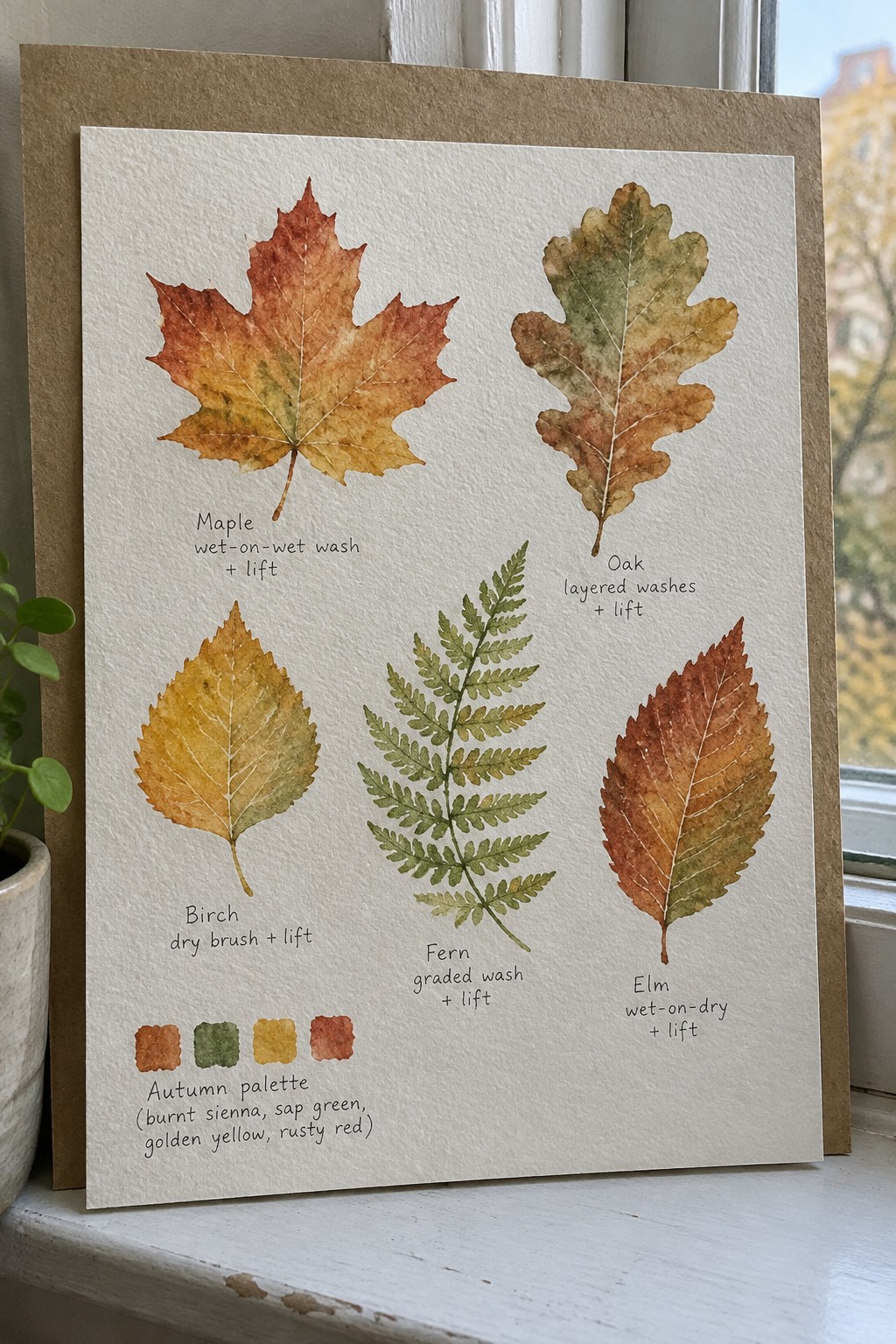 Watercolor page with five labeled autumn leaves showing different techniques and a four-color autumn palette swatch.