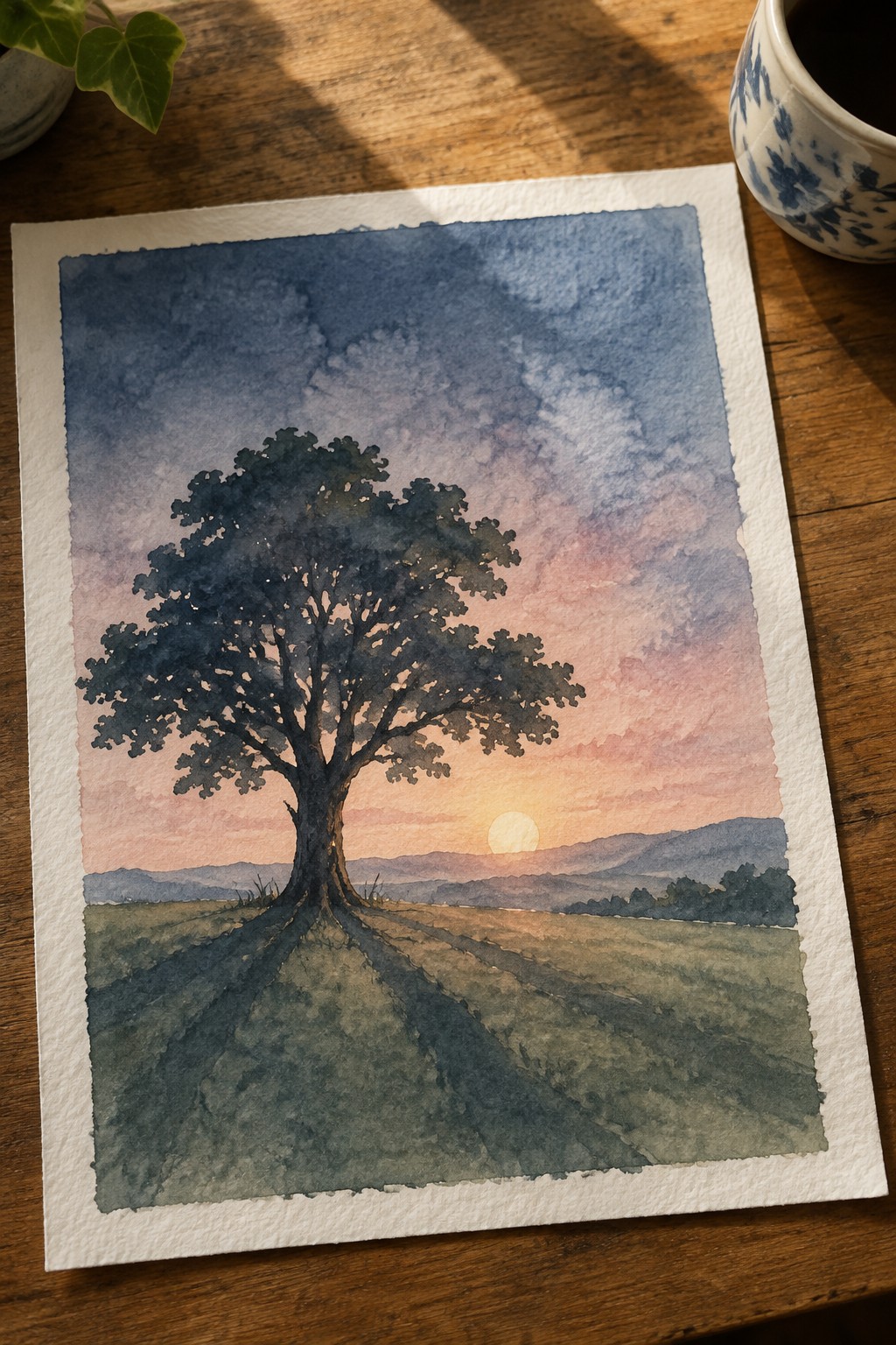 Watercolor painting of lone tree at sunset in field with distant hills