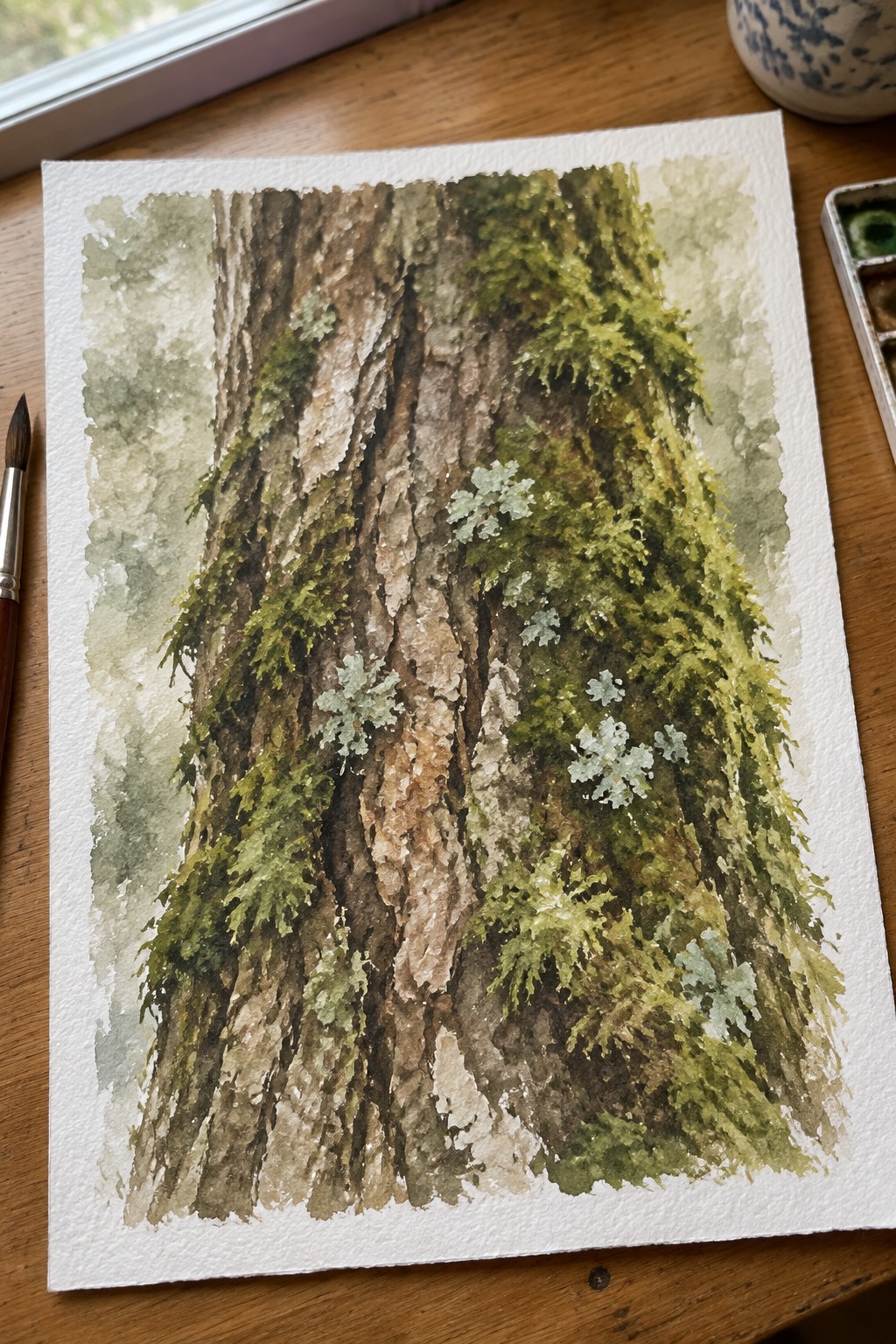 Watercolor painting of moss-covered tree trunk with green foliage and gray lichens on wooden desk