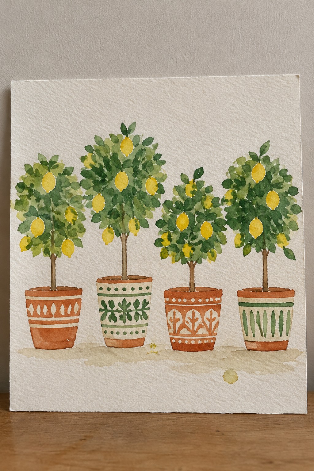 Watercolor painting of four lemon trees in decorative patterned pots with yellow fruit