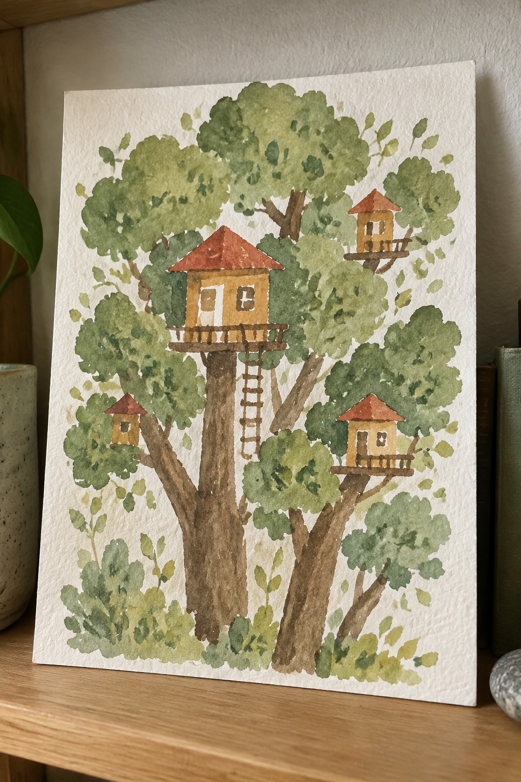 Watercolor painting of three wooden treehouses with red roofs amid lush green trees.