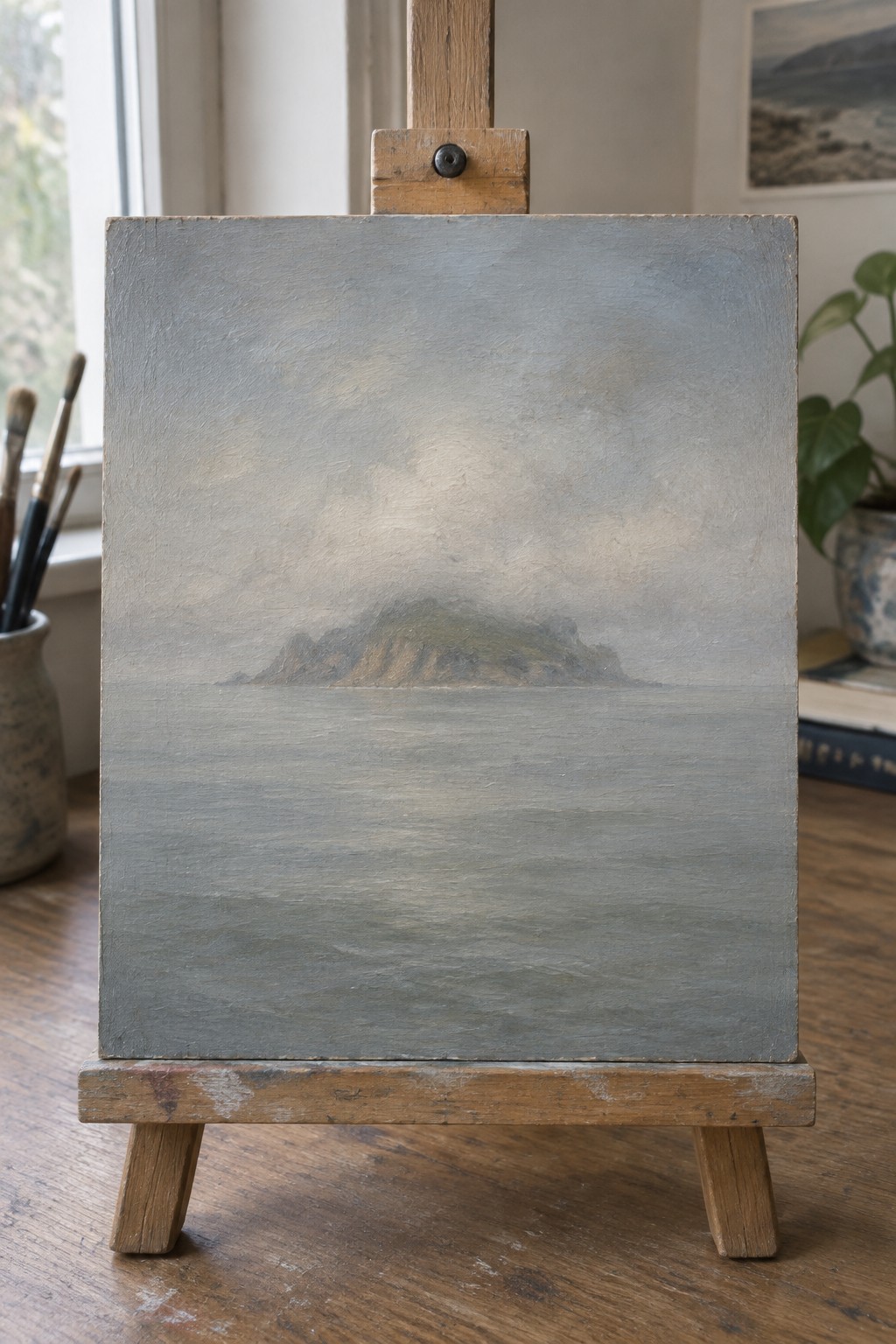 A muted gray painting on an easel shows a calm sea with a small hazy island in the distance under an overcast sky.