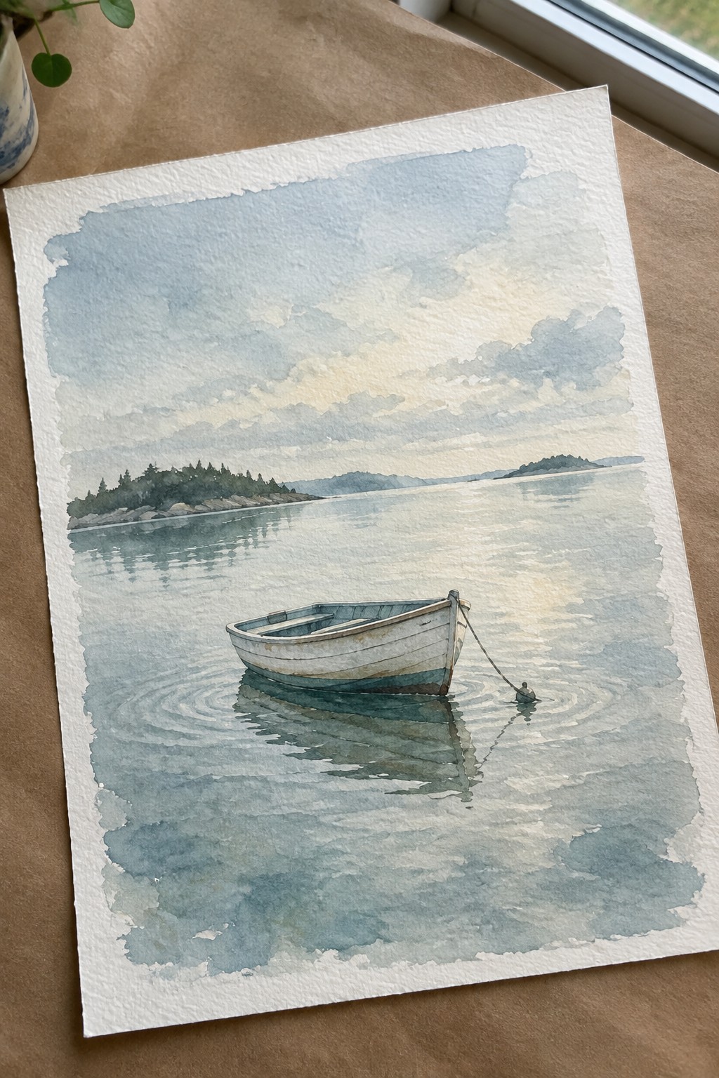 A watercolor painting of a small white boat floating on calm blue-gray water with gentle ripples, a distant tree-lined shore, and a soft cloudy sky.