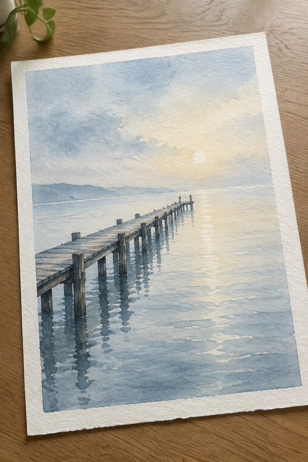 Watercolor of wooden pier stretching over calm blue water toward pale sun with hills