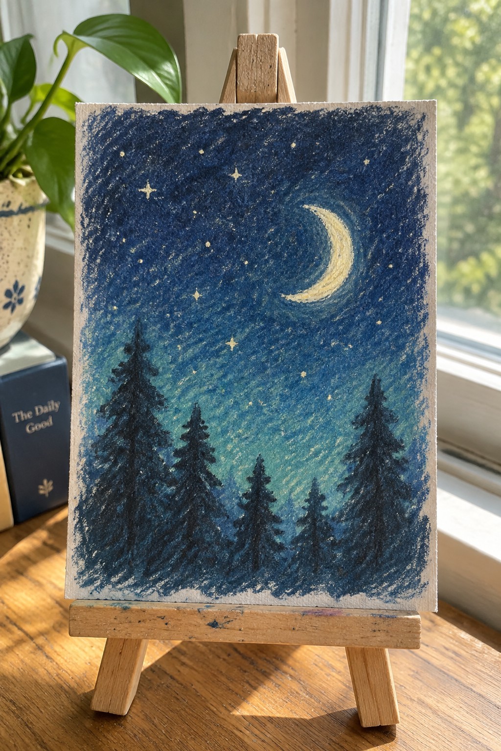 Starry night painting with crescent moon and pine trees on wooden easel.