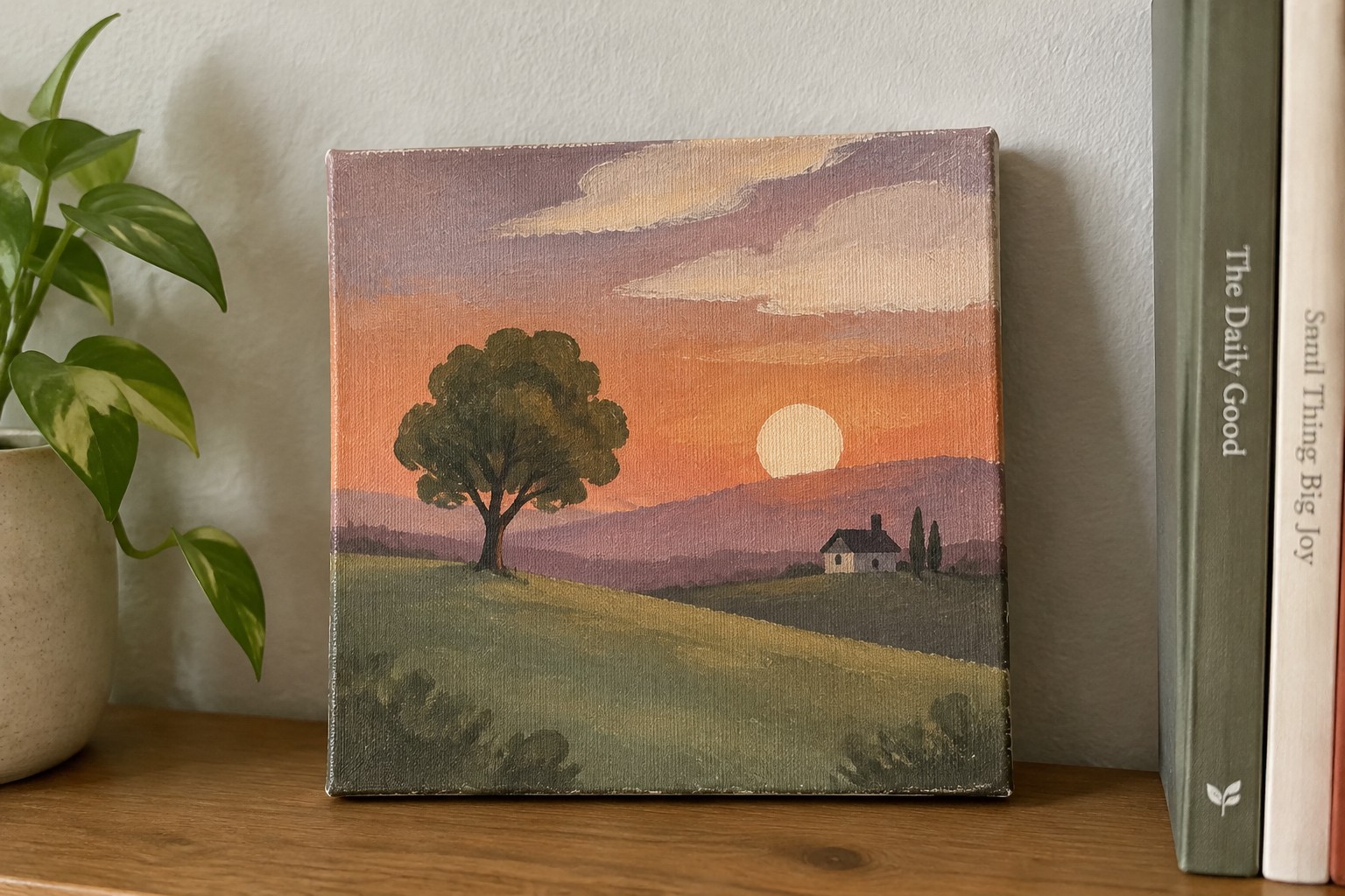 Painting of sunset landscape with tree and house on shelf with books and potted plant