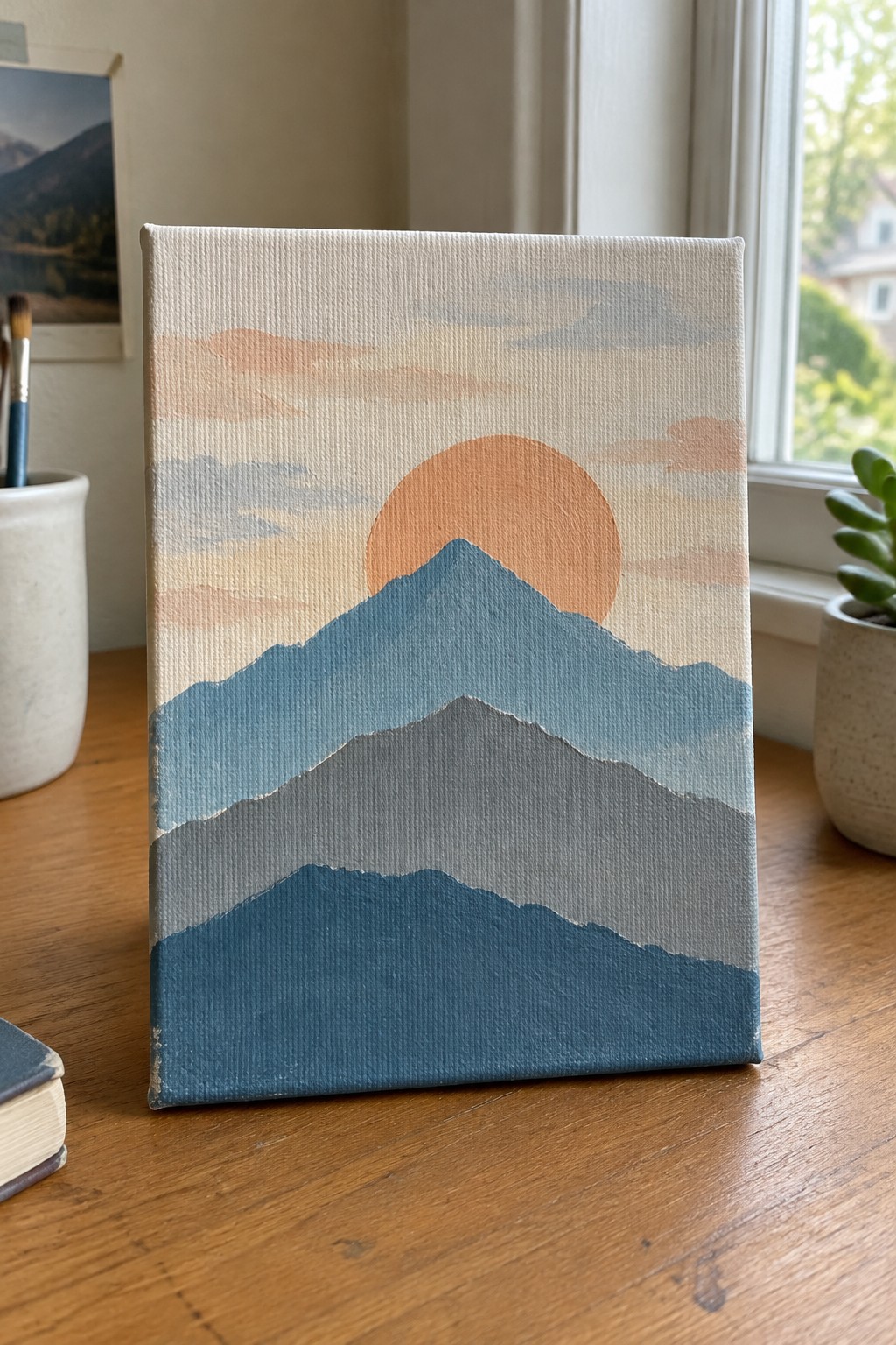 Canvas painting of layered blue mountains with orange sun and pastel sky