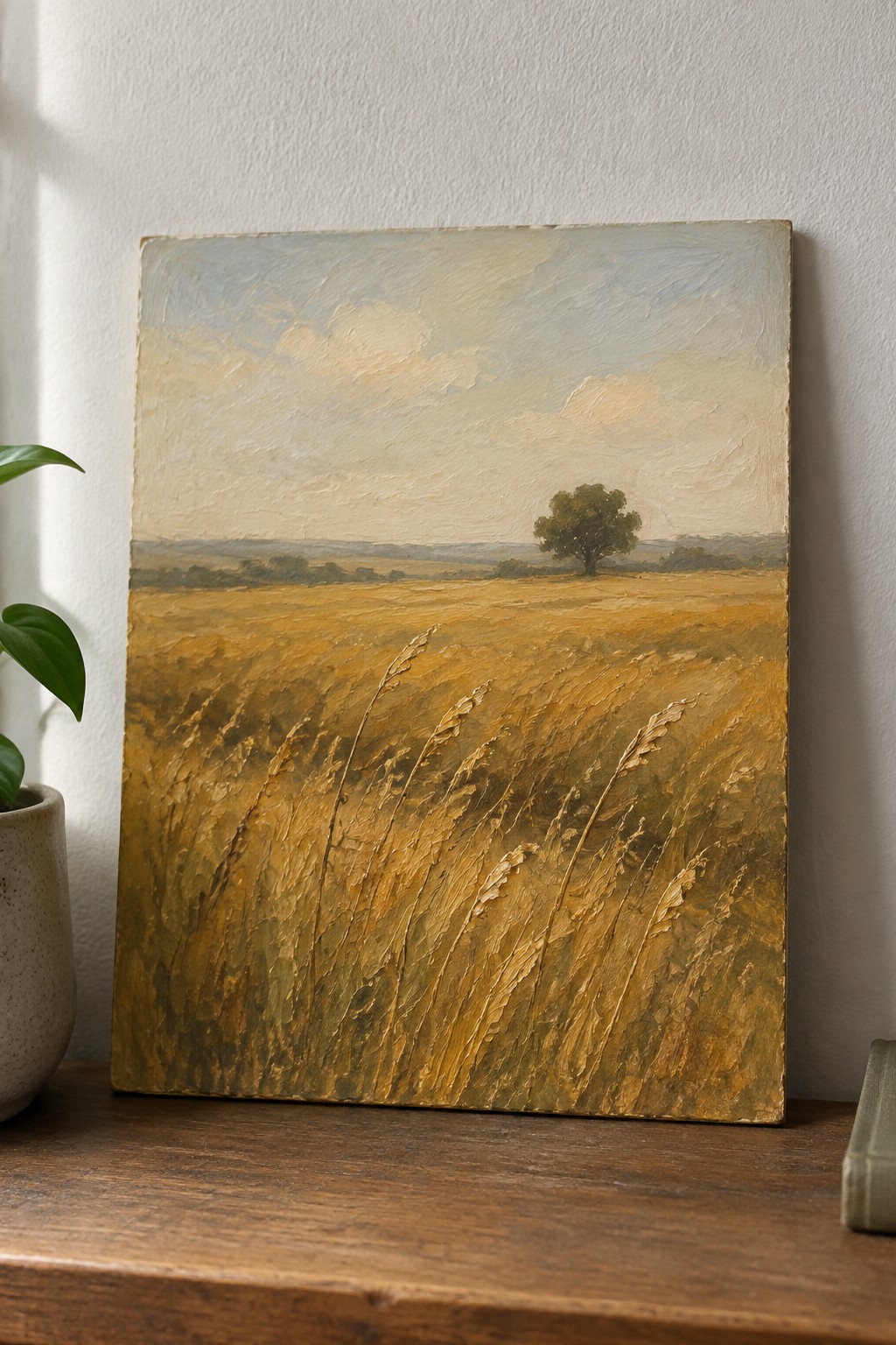 Oil painting of golden wheat field with lone tree under cloudy sky