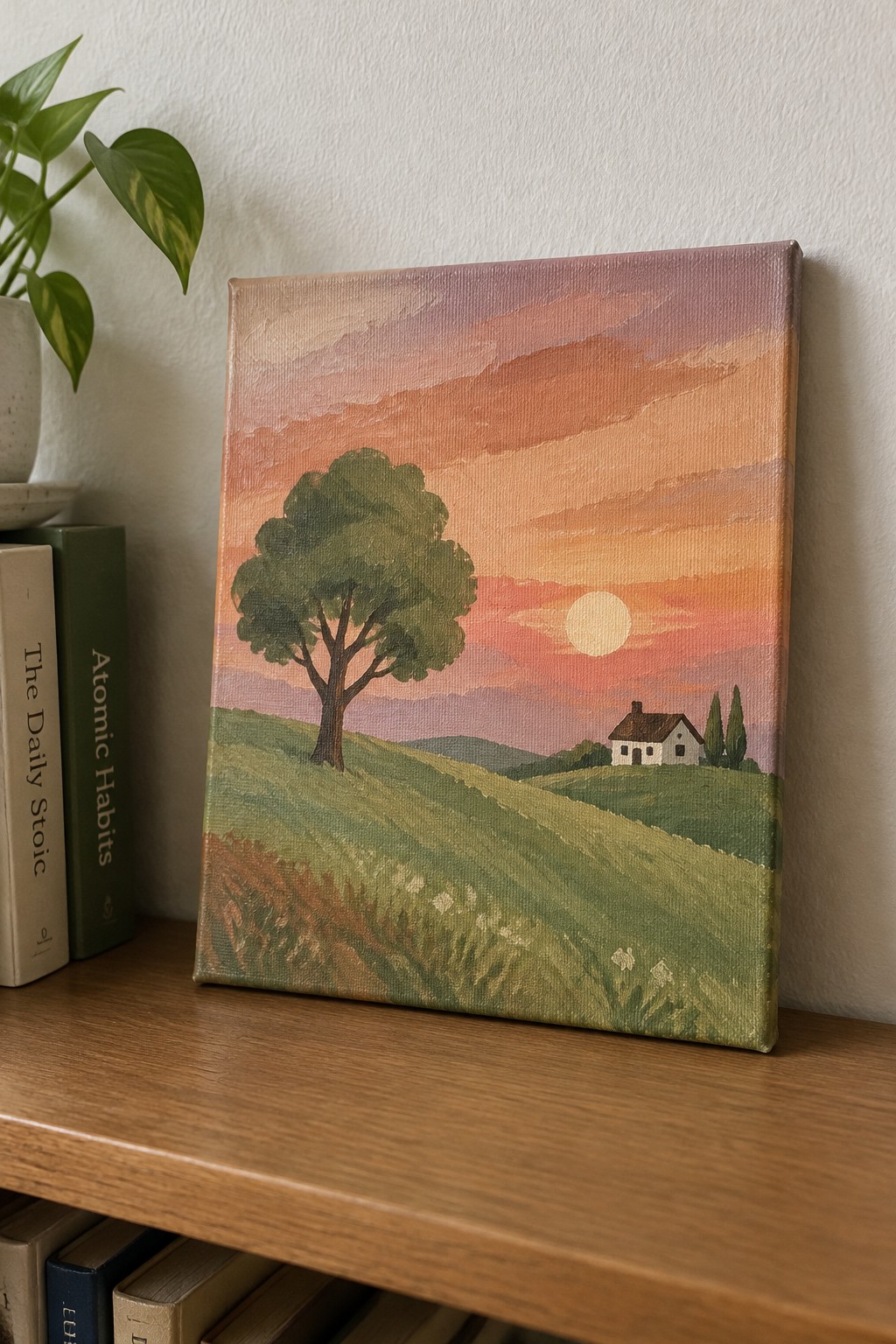 Painting of sunset landscape with tree and house on shelf with books and potted plant