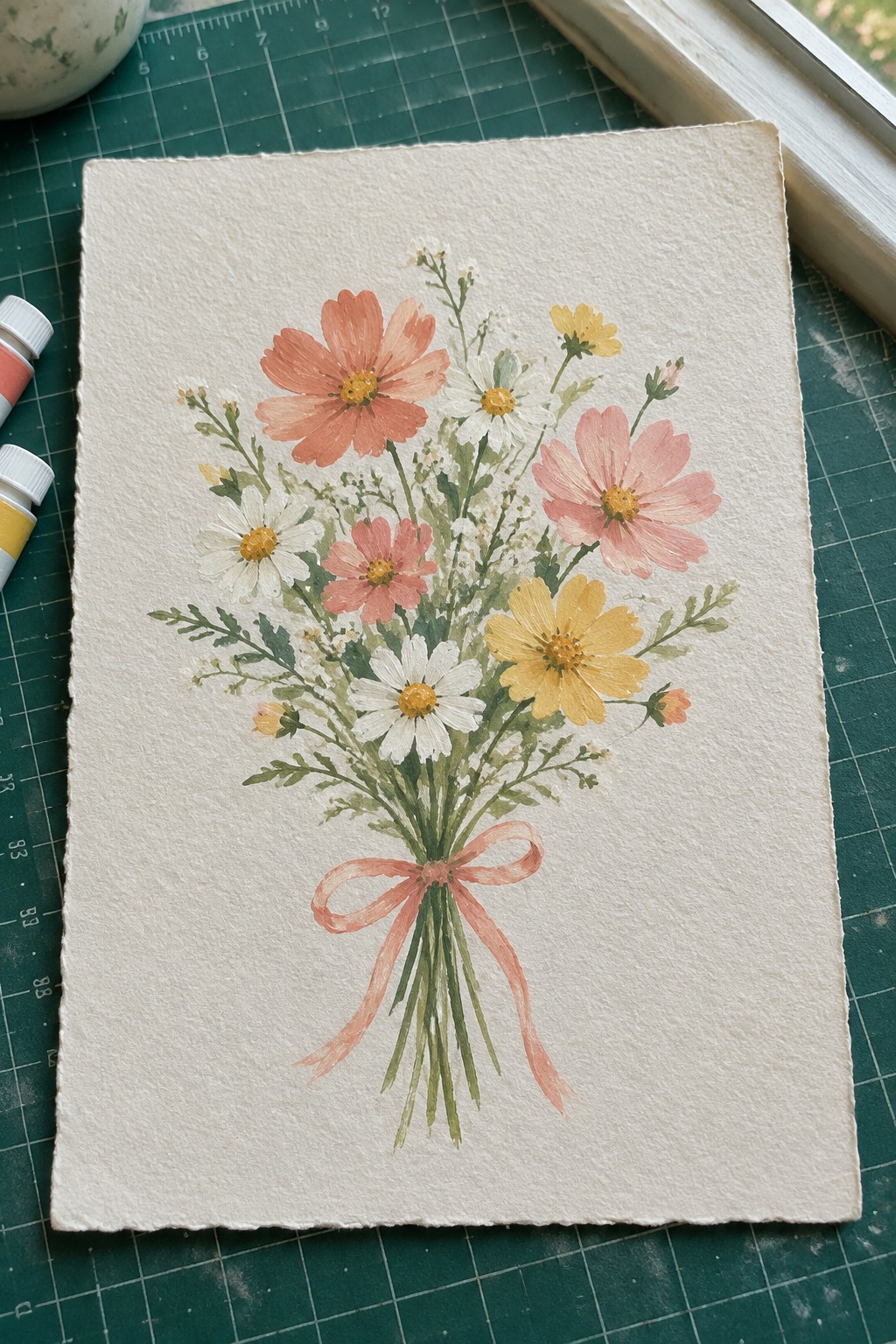 Watercolor bouquet of pink cosmos, white daisies, and yellow flowers with pink ribbon