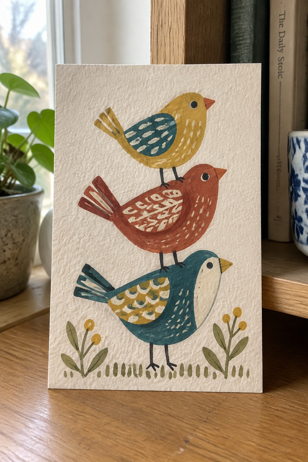 Three stacked yellow, red, and teal birds on white card with berry plants below