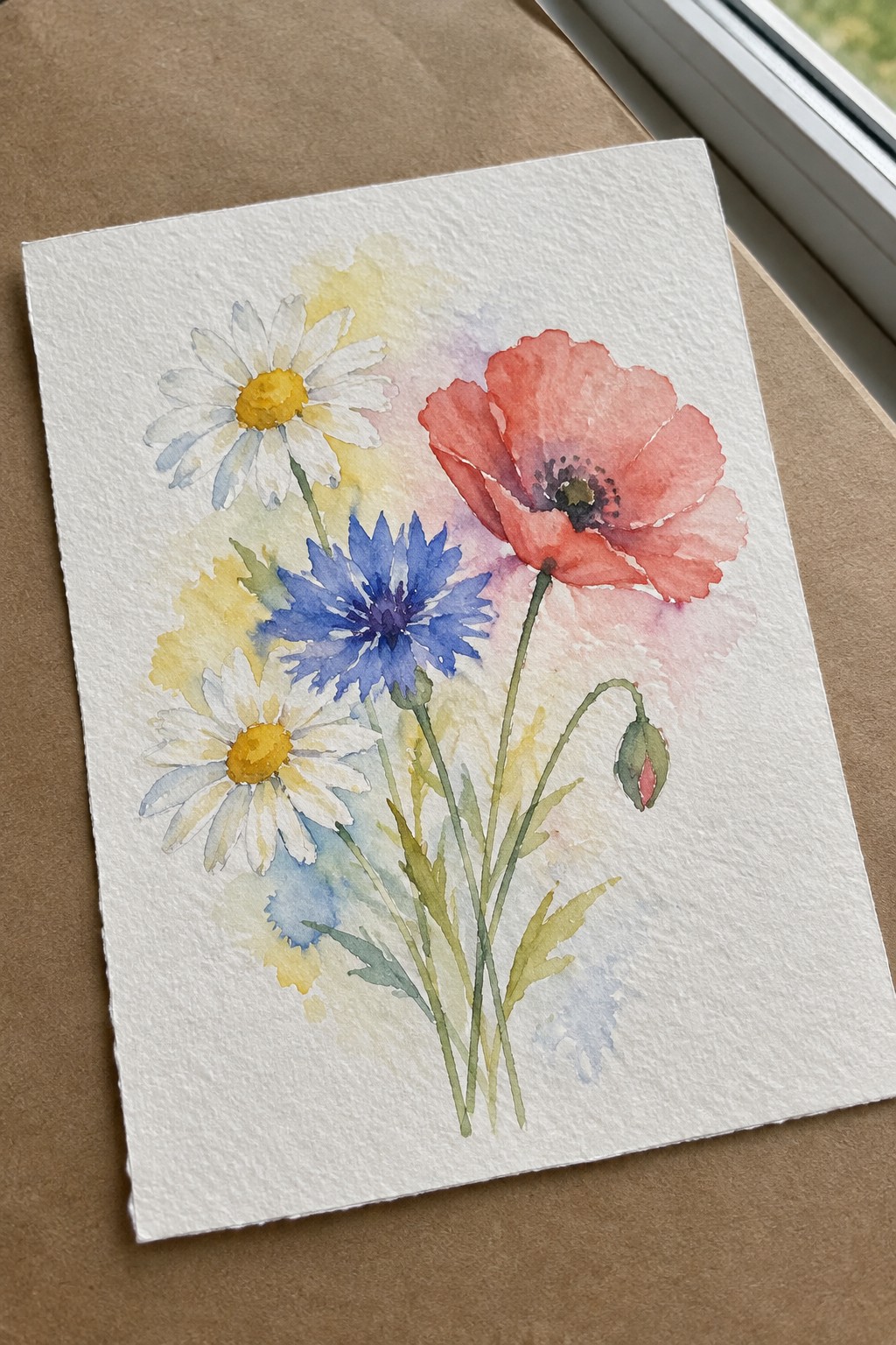 Watercolor painting of two white daisies, one blue cornflower, and one red poppy with green stems on textured white paper.
