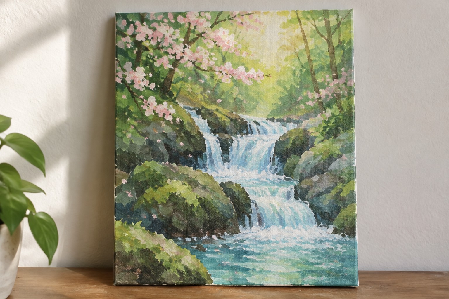 Vibrant painting of cascading waterfall amid mossy rocks and pink cherry blossoms in sunlit forest