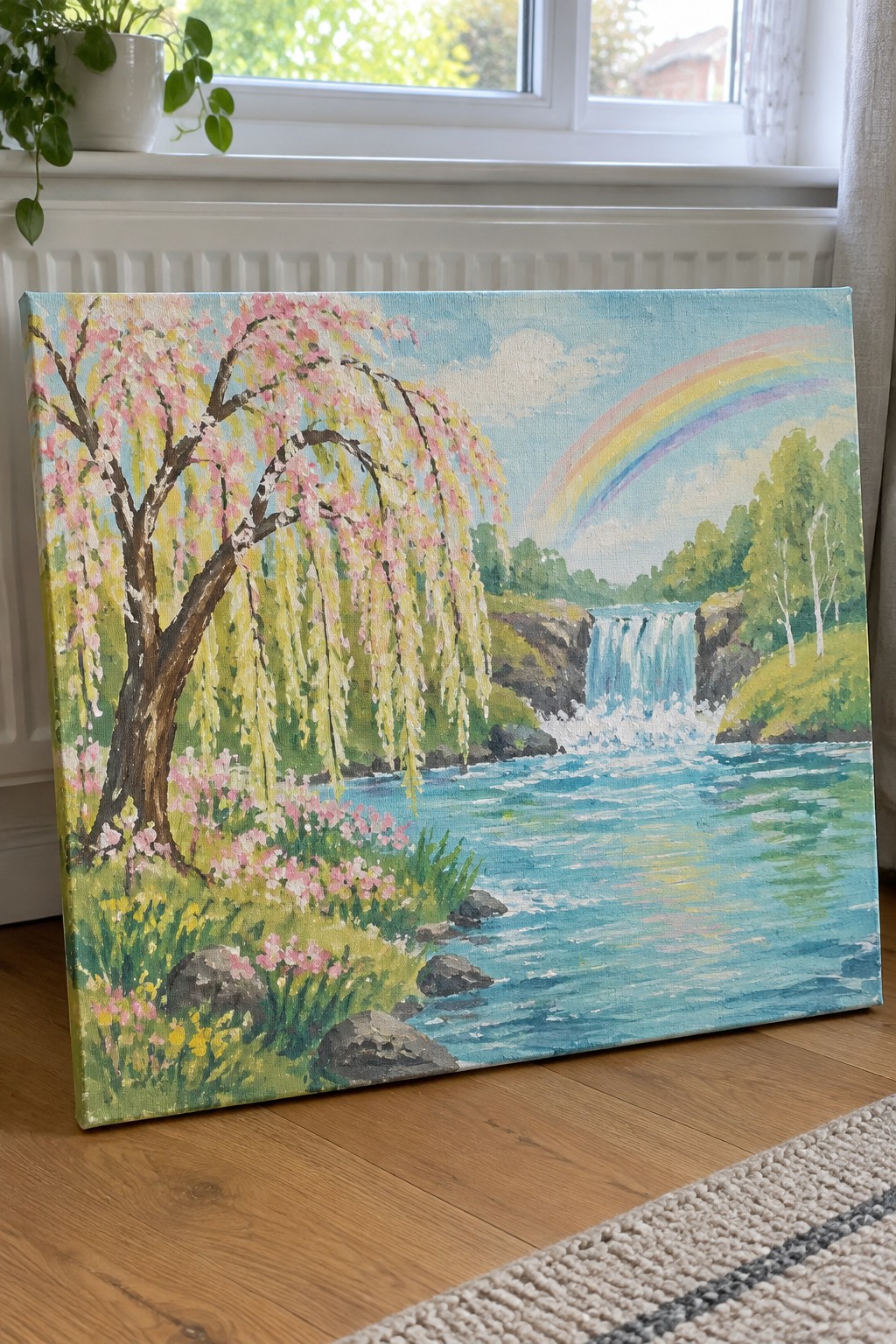 Colorful landscape painting of pink-blossomed tree by river with waterfall and rainbow