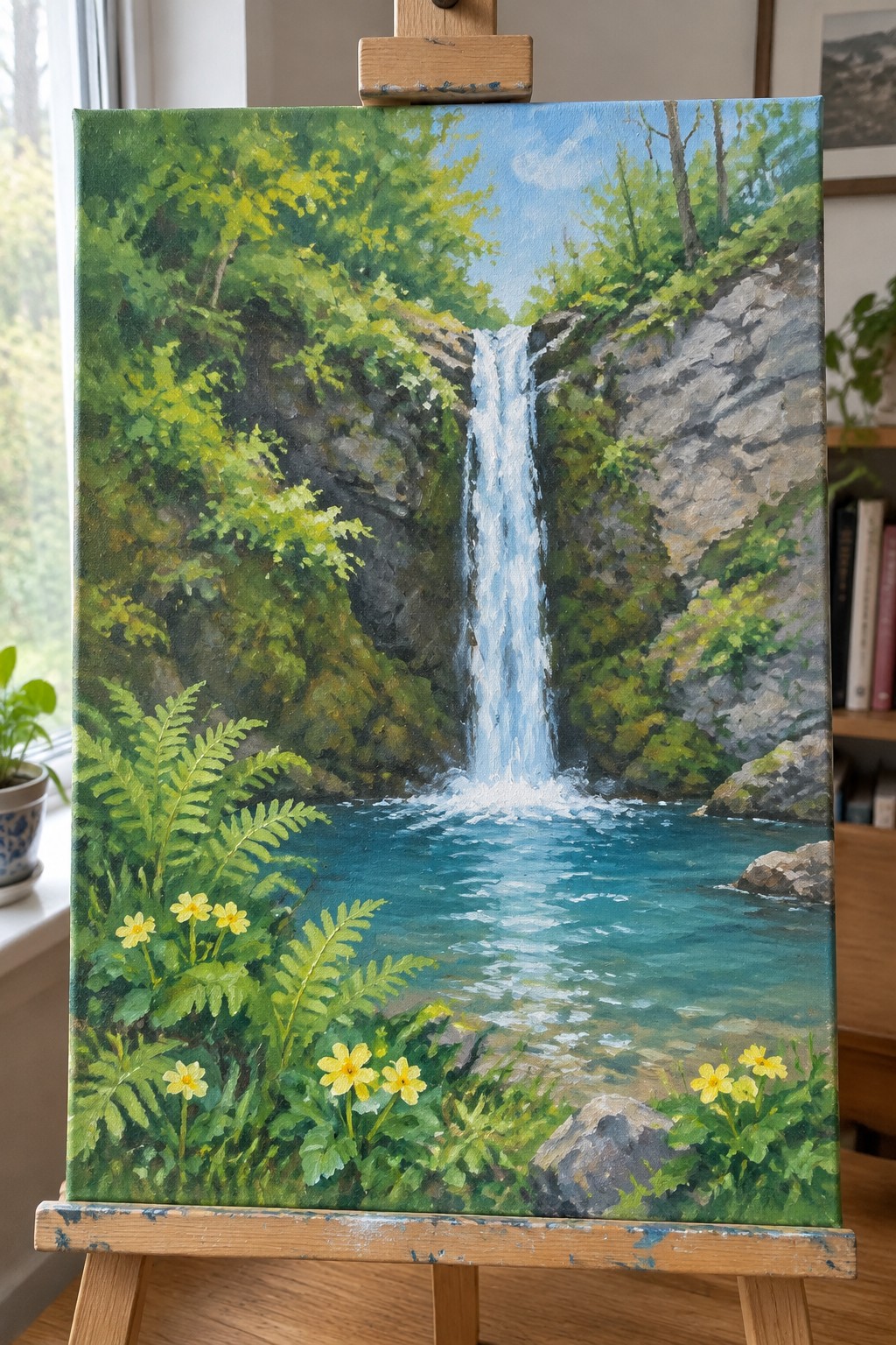 Wooden easel displays painting of waterfall into blue pool amid green ferns and yellow flowers.